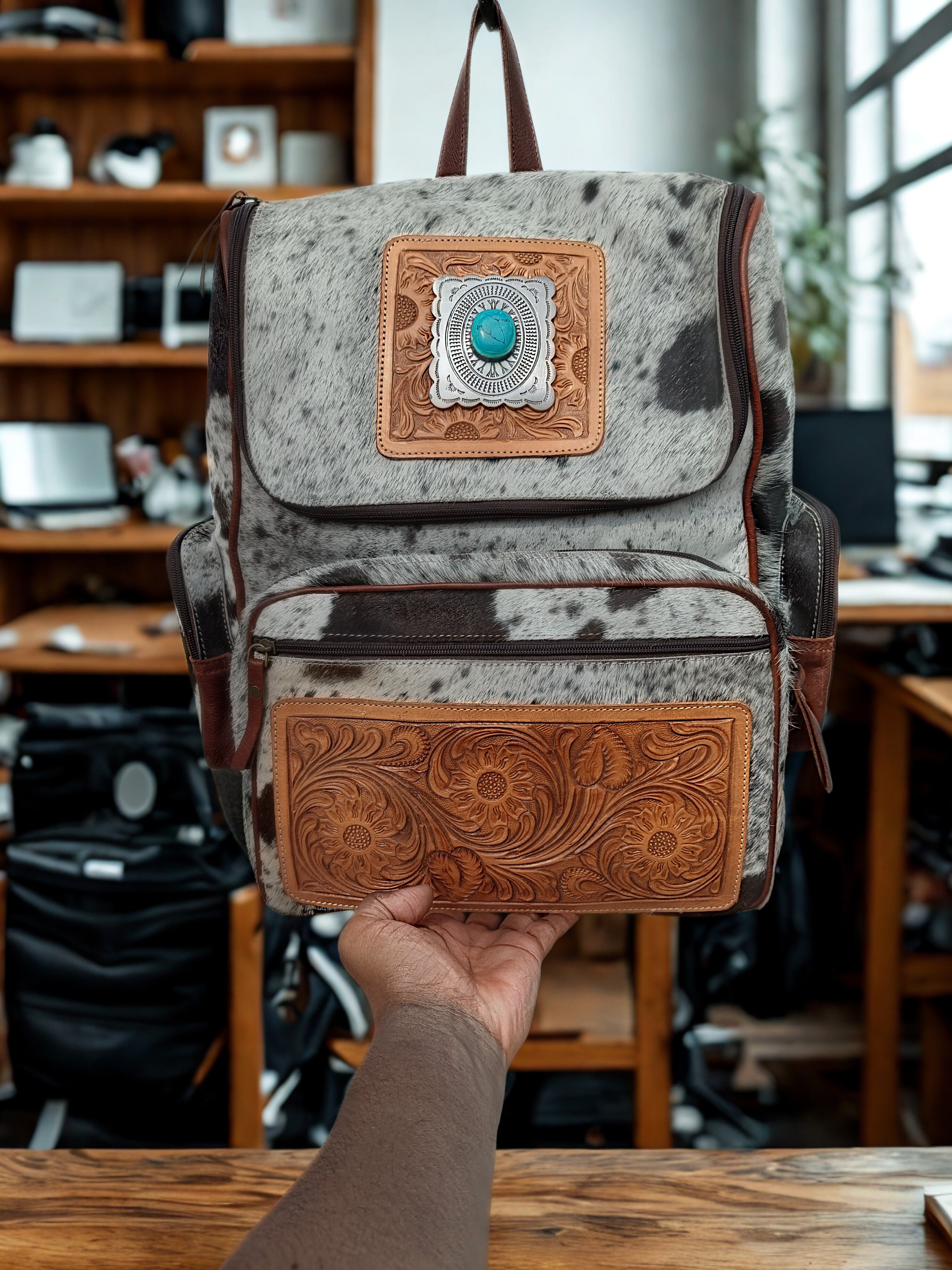 Western Tooled Cowhide Leather Backpack with Turquoise