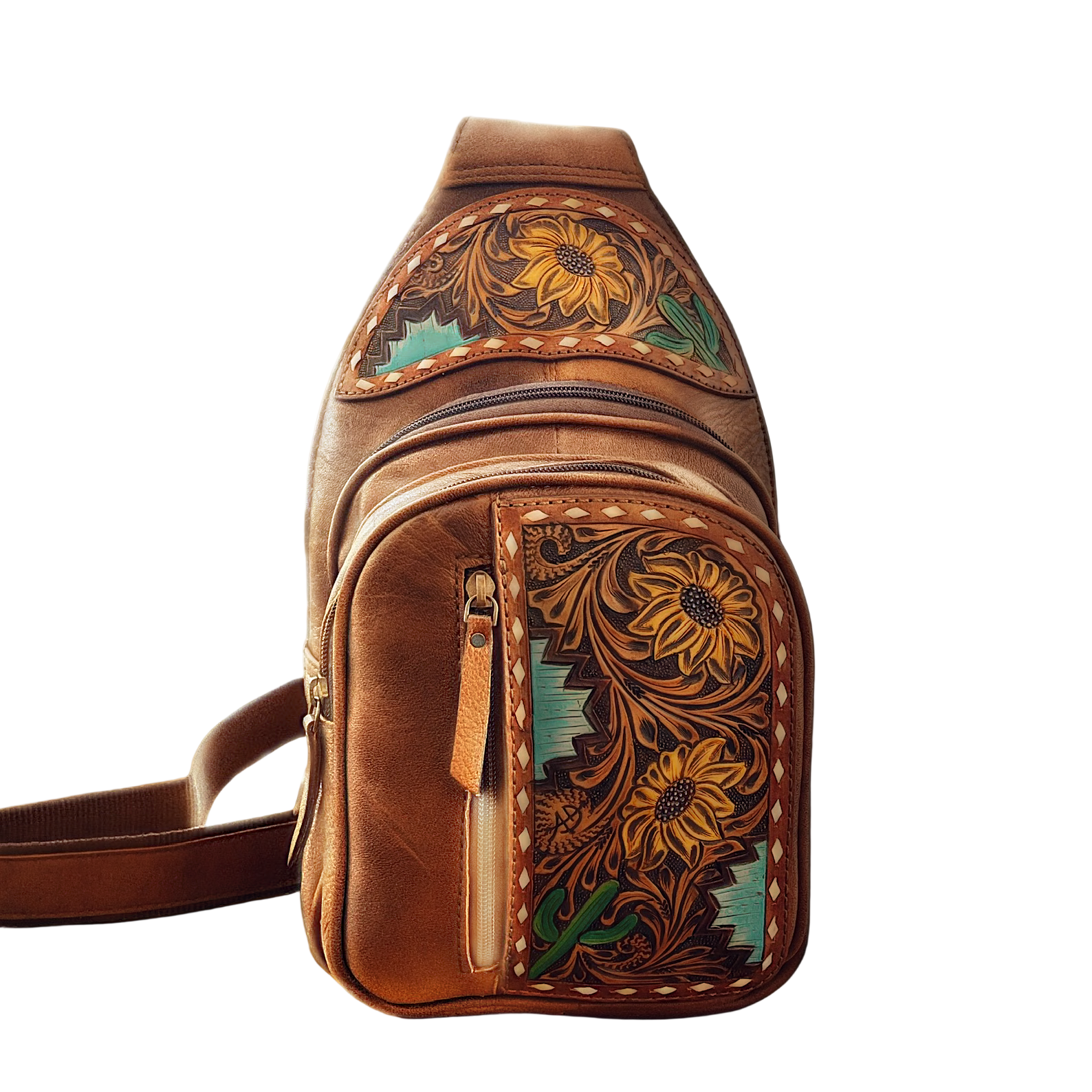 Yellow Floral Hand Tooled Leather Crossbody Bag, Womans Sling Bag, Sling Purse, Travel Sling Bag, Mini Crossbody Sling Bag , Western Leather Purse