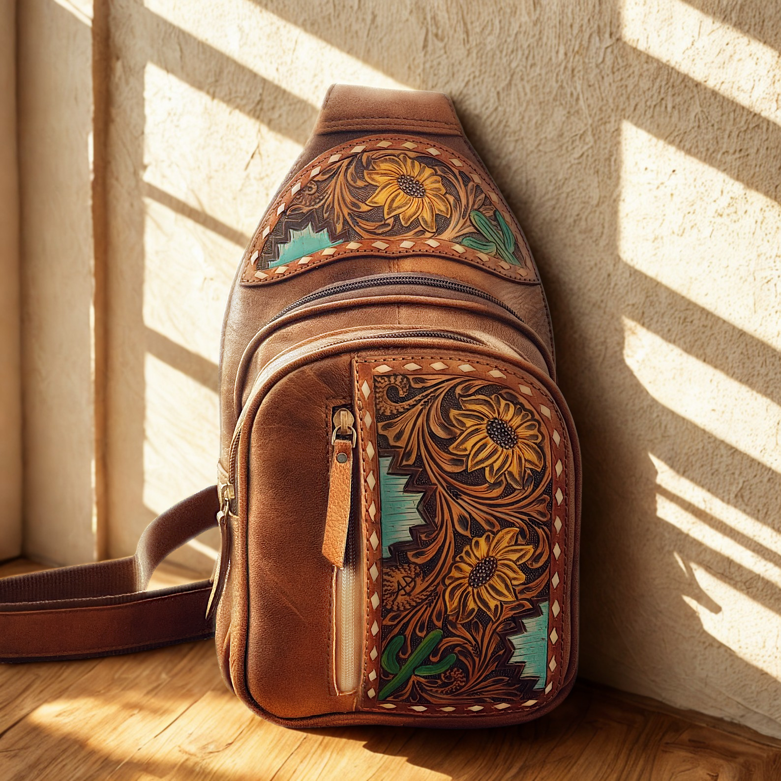 Yellow Floral Hand Tooled Leather Crossbody Bag, Womans Sling Bag, Sling Purse, Travel Sling Bag, Mini Crossbody Sling Bag , Western Leather Purse