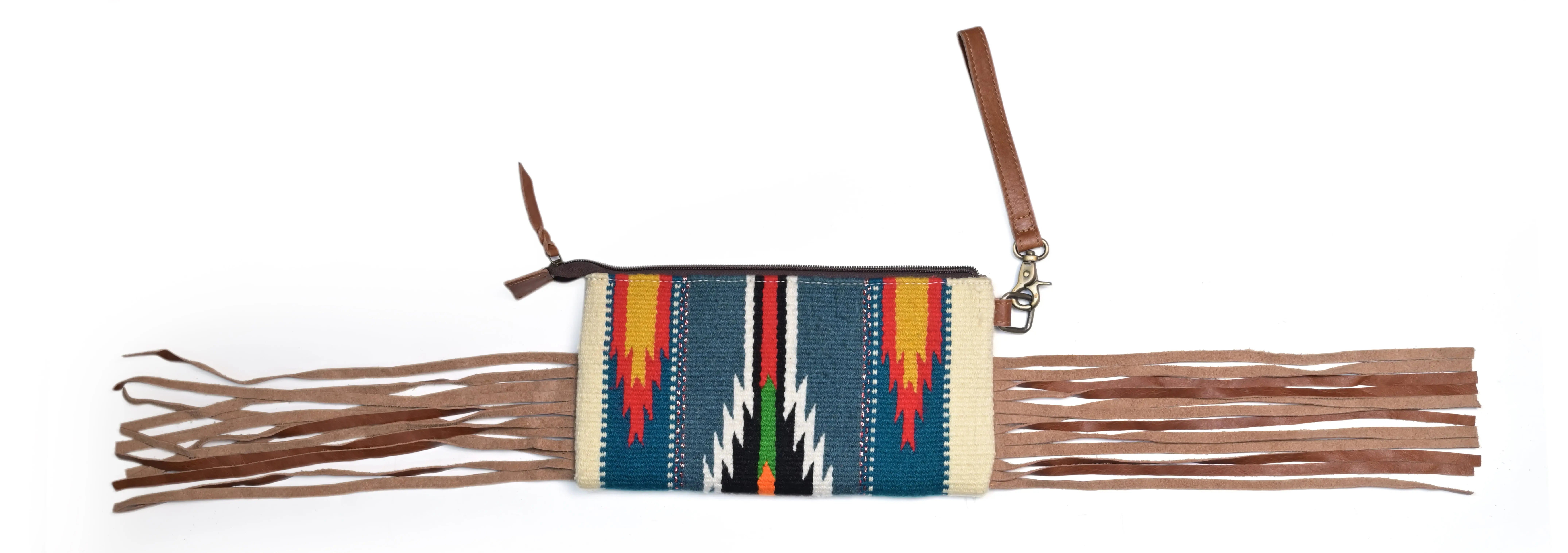 Western Saddle Blanket Hand Tooled Genuine Leather Clutch Wrist Bag - abitoamerica