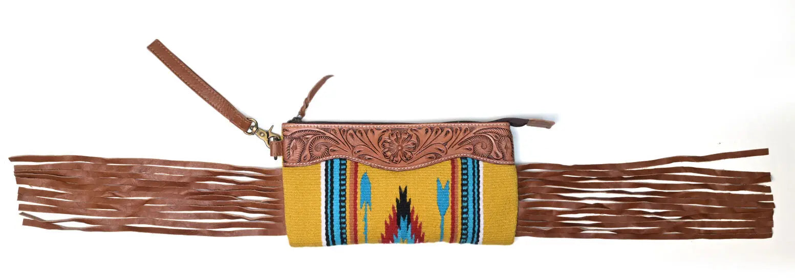 Western Saddle Blanket Hand Tooled Genuine Leather Clutch Wrist Bag - abitoamerica