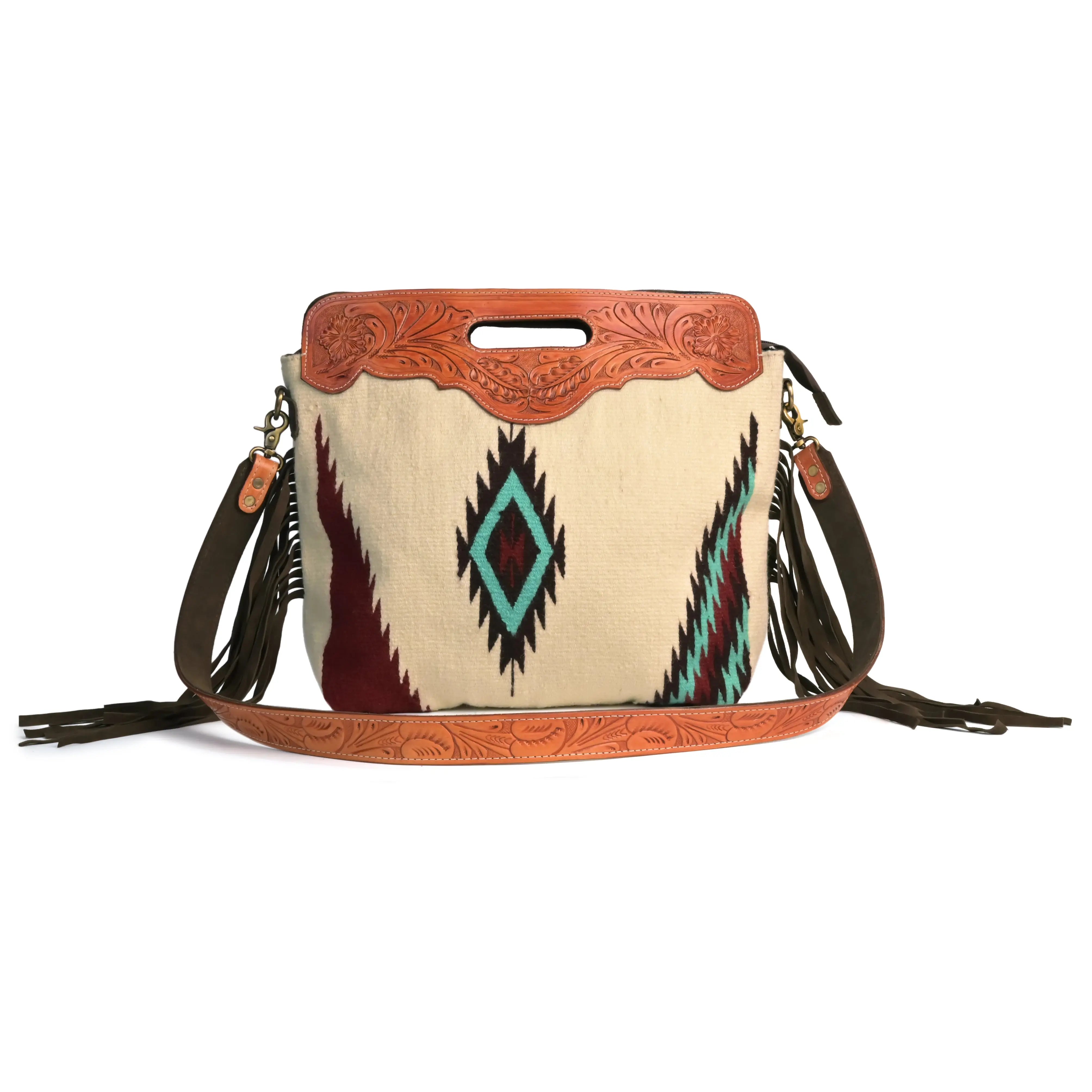 Western Saddle Blanket Hand Tooled Genuine Leather Crossbody Handbag - abitoamerica