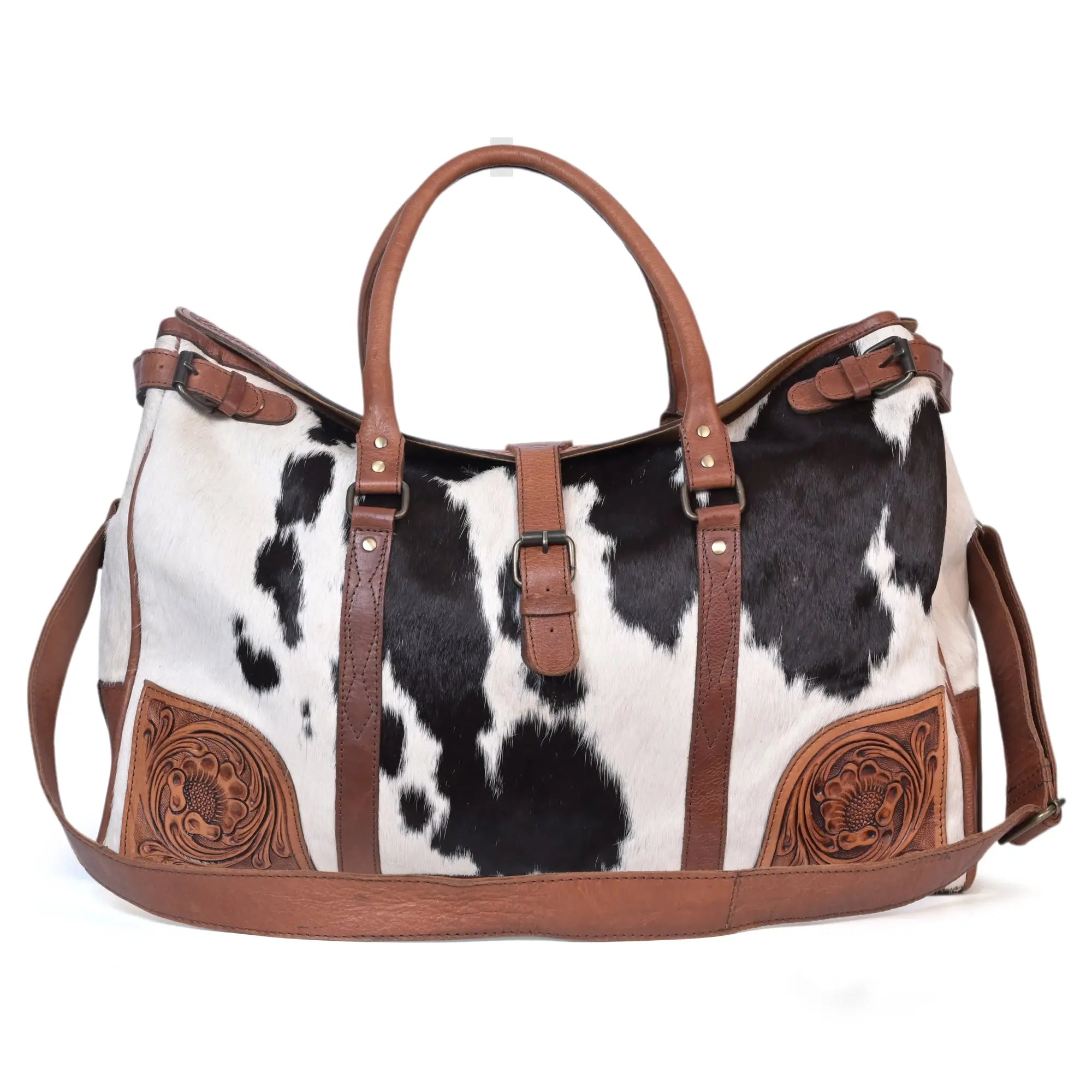 Western Cowhide hand tooled Leather Weekender Duffel Bag - abitoamerica