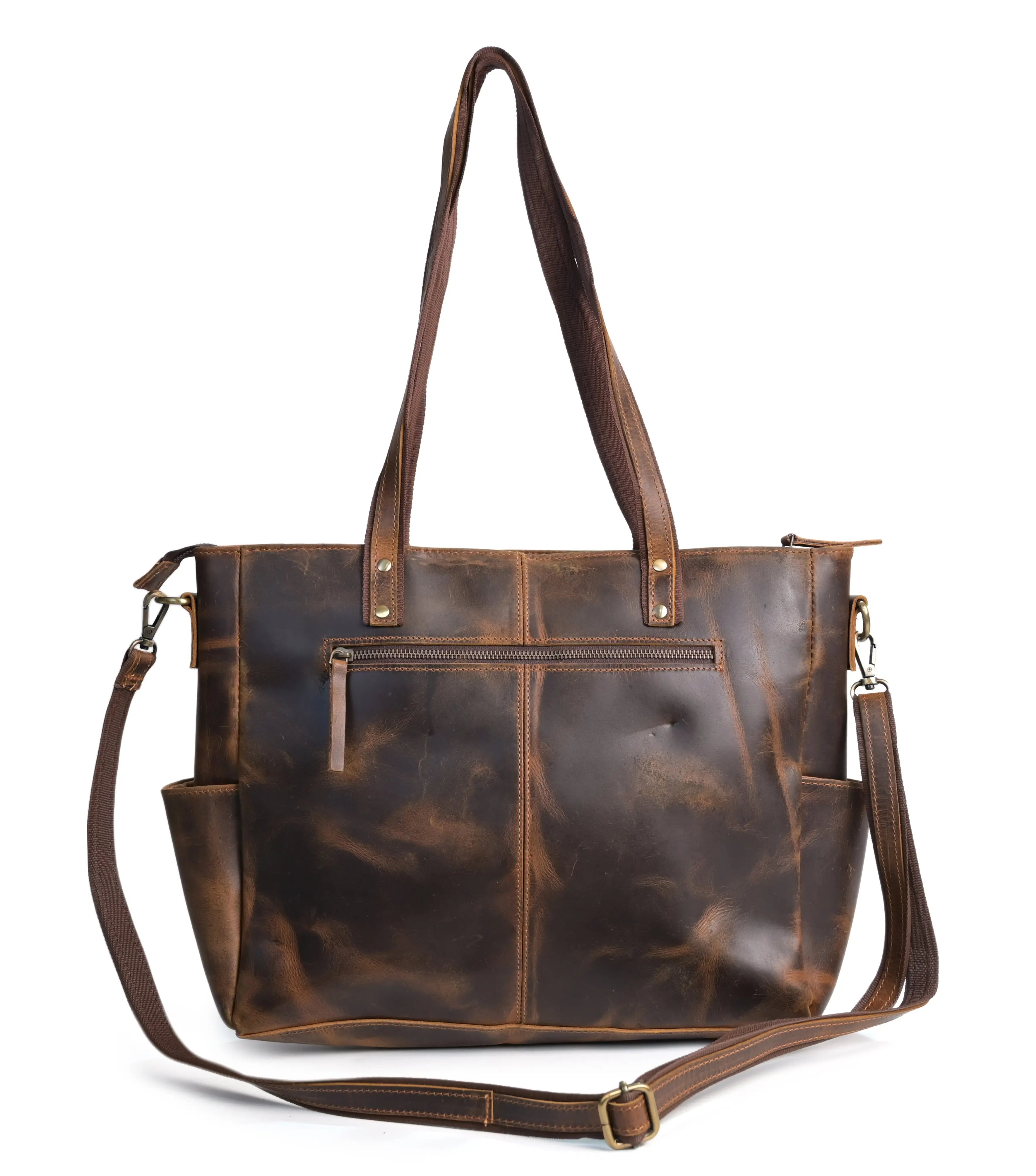 Women’s Vintage dark tan Leather Tote Bag - abitoamerica