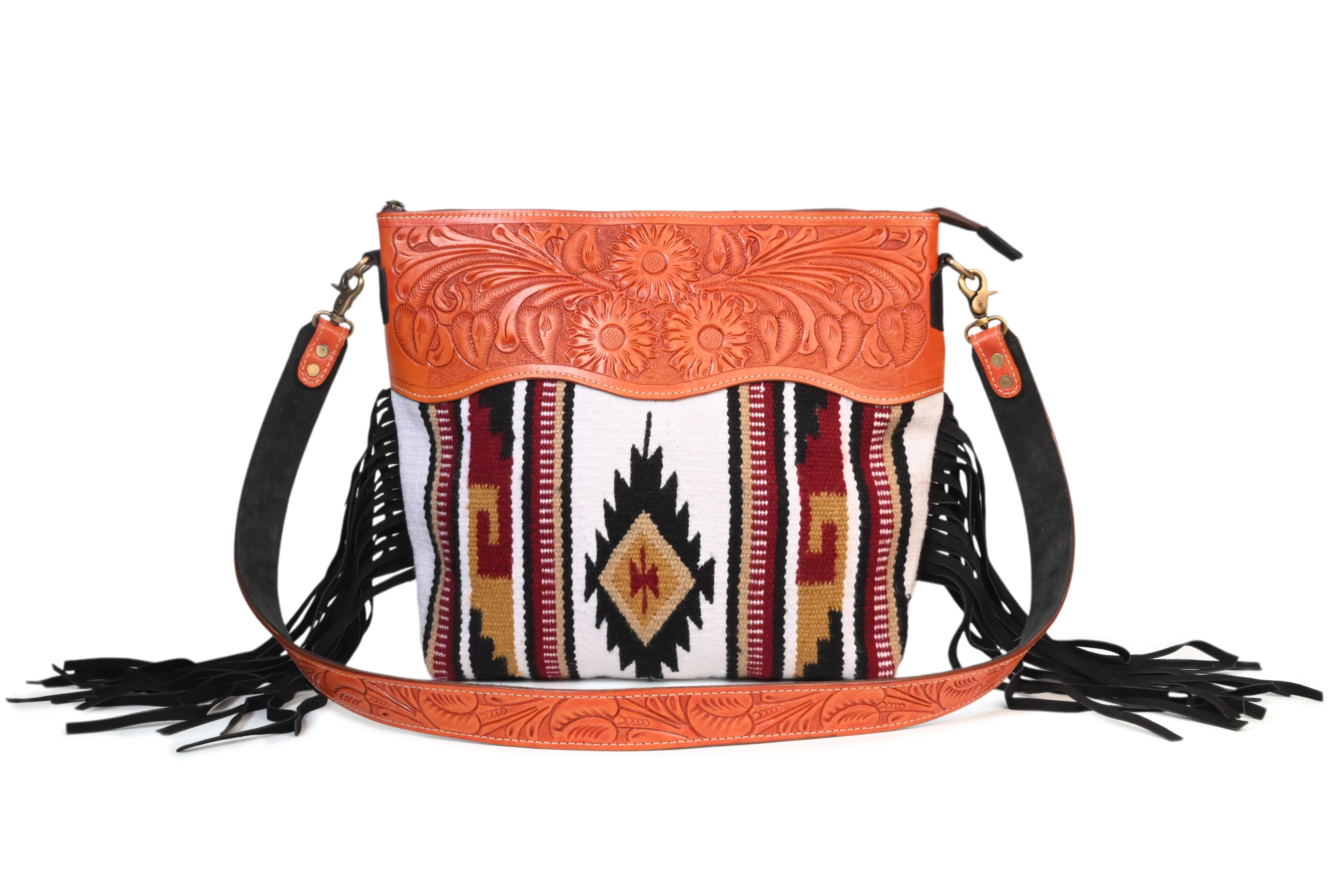 Saddle Blanket Hand Tooled Genuine Leather Western Crossbody Bag - abitoamerica