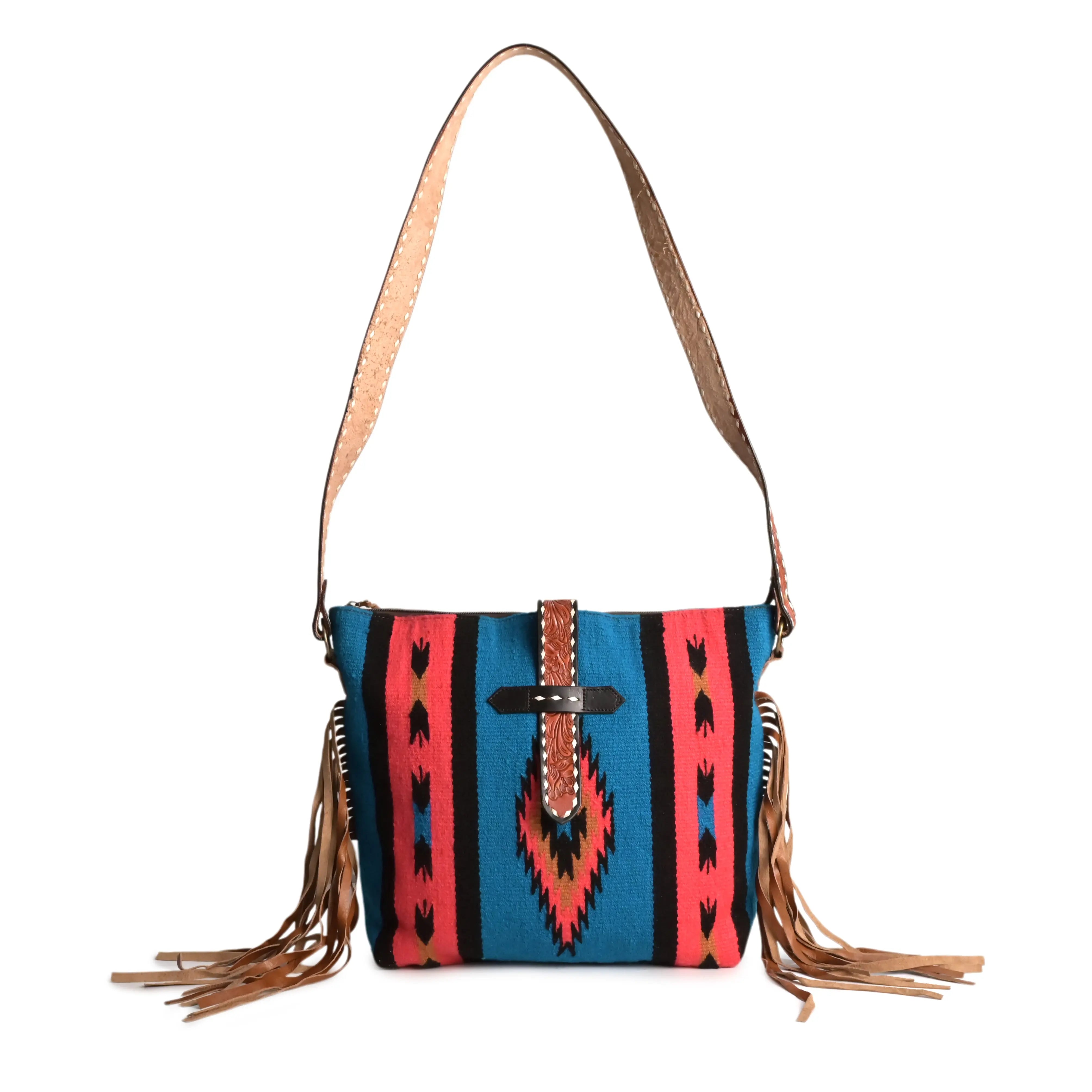 Western Saddle Blanket Hand Tooled Leather Crossbody Bag - abitoamerica
