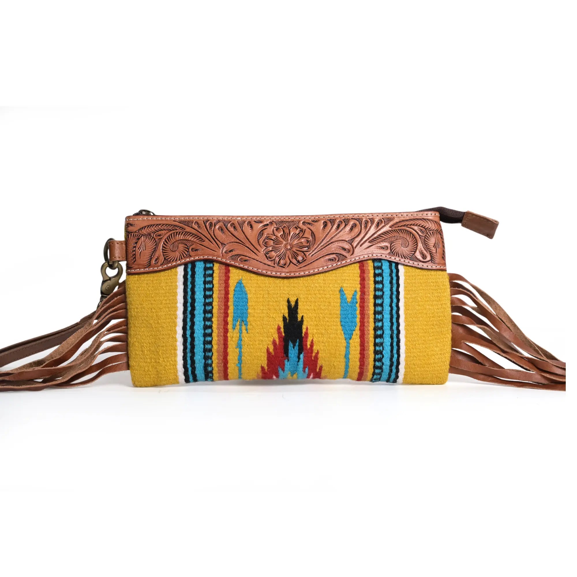 Western Saddle Blanket Hand Tooled Genuine Leather Clutch Wrist Bag - abitoamerica