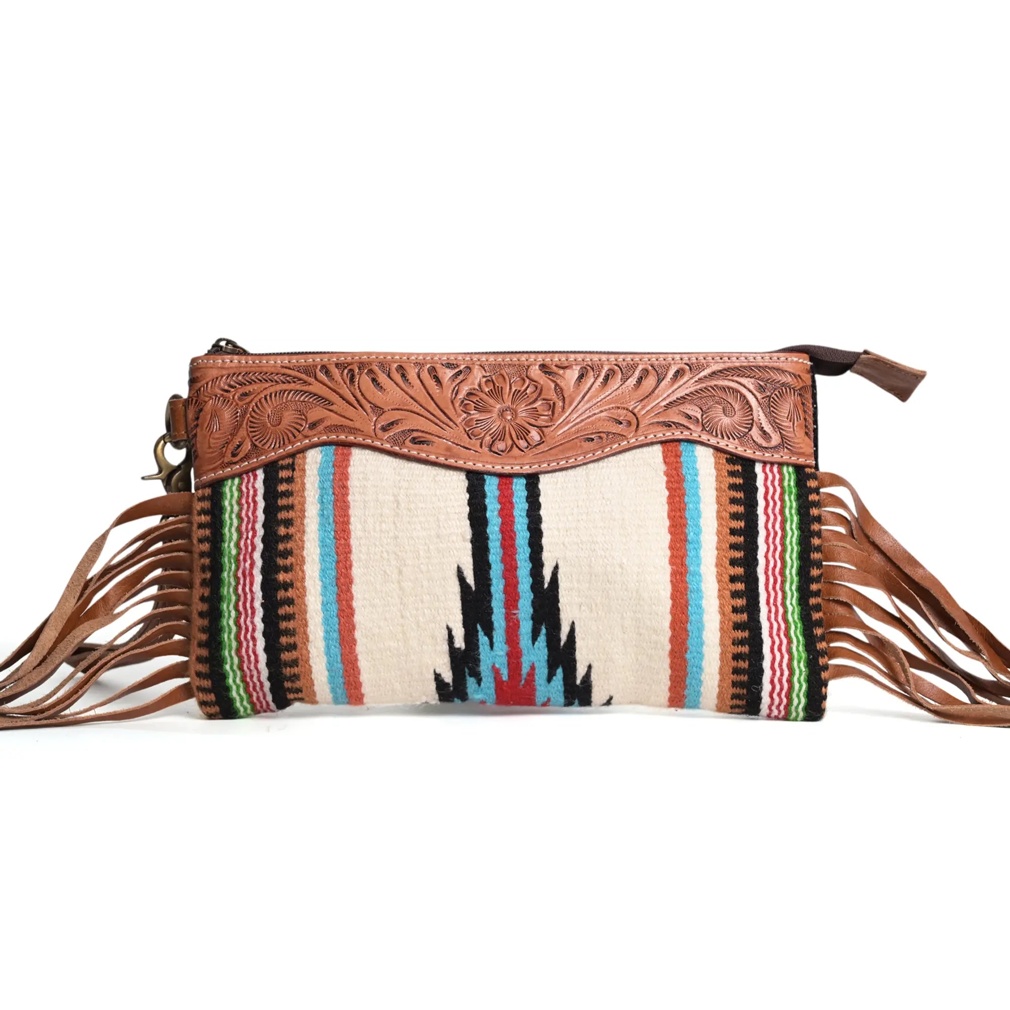 Western Saddle Blanket Hand Tooled Genuine Leather Clutch Wrist Bag - abitoamerica