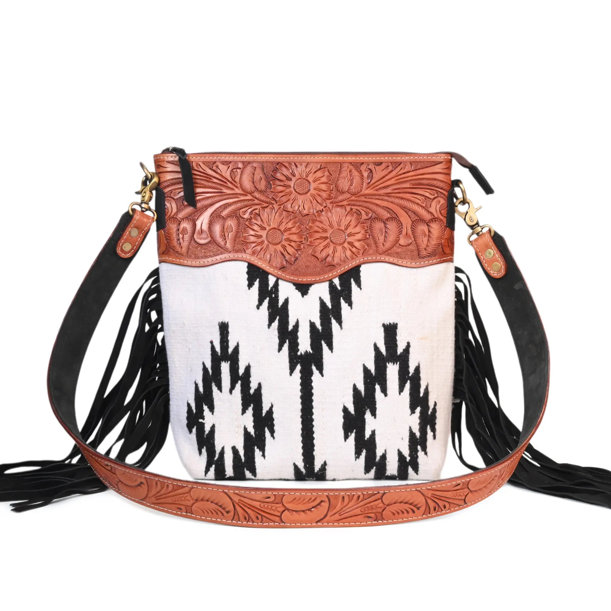 Western Saddle Blanket Hand Tooled Genuine Leather Signature Crossbody Bag - abitoamerica