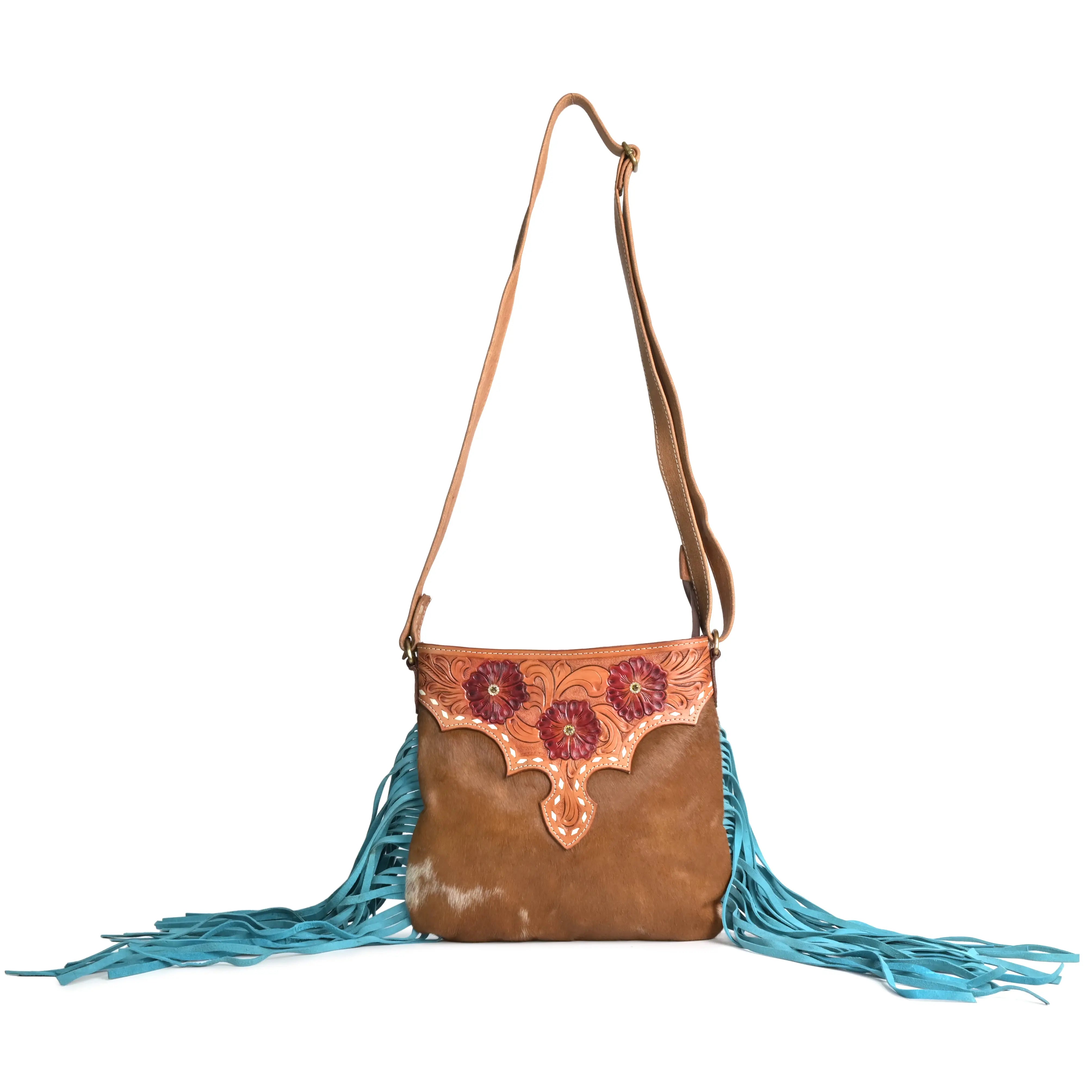 Western Hand Tooled Genuine Leather Cowhide Crossbody Bag - abitoamerica
