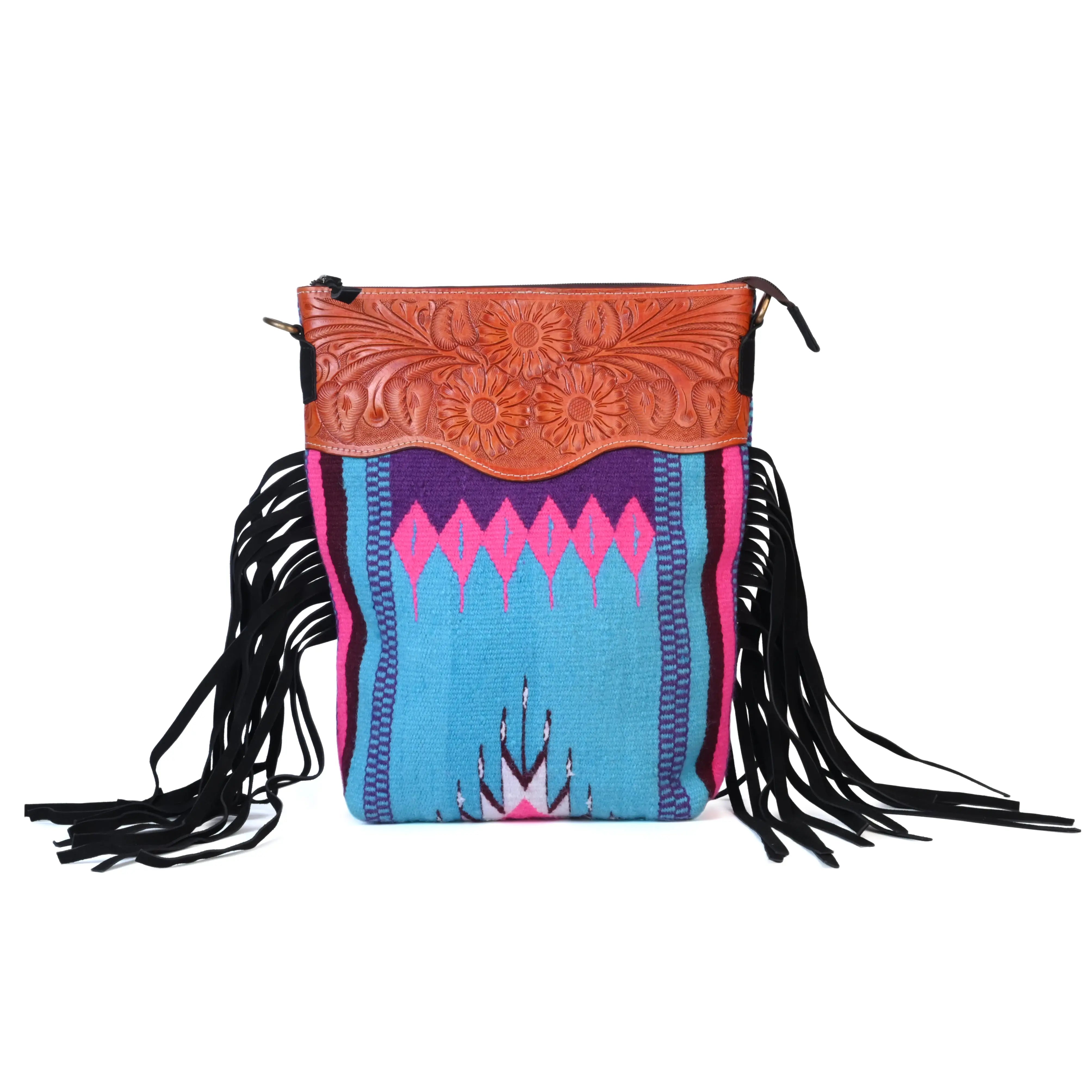 Western Saddle Blanket Hand Tooled Genuine Leather Crossbody Bag - abitoamerica
