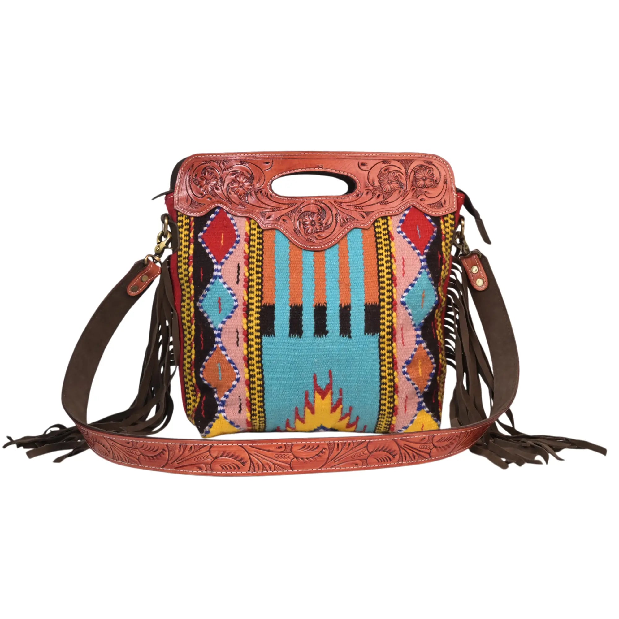 Western Saddle Blanket Hand Tooled Genuine Leather Crossbody Handbag - abitoamerica