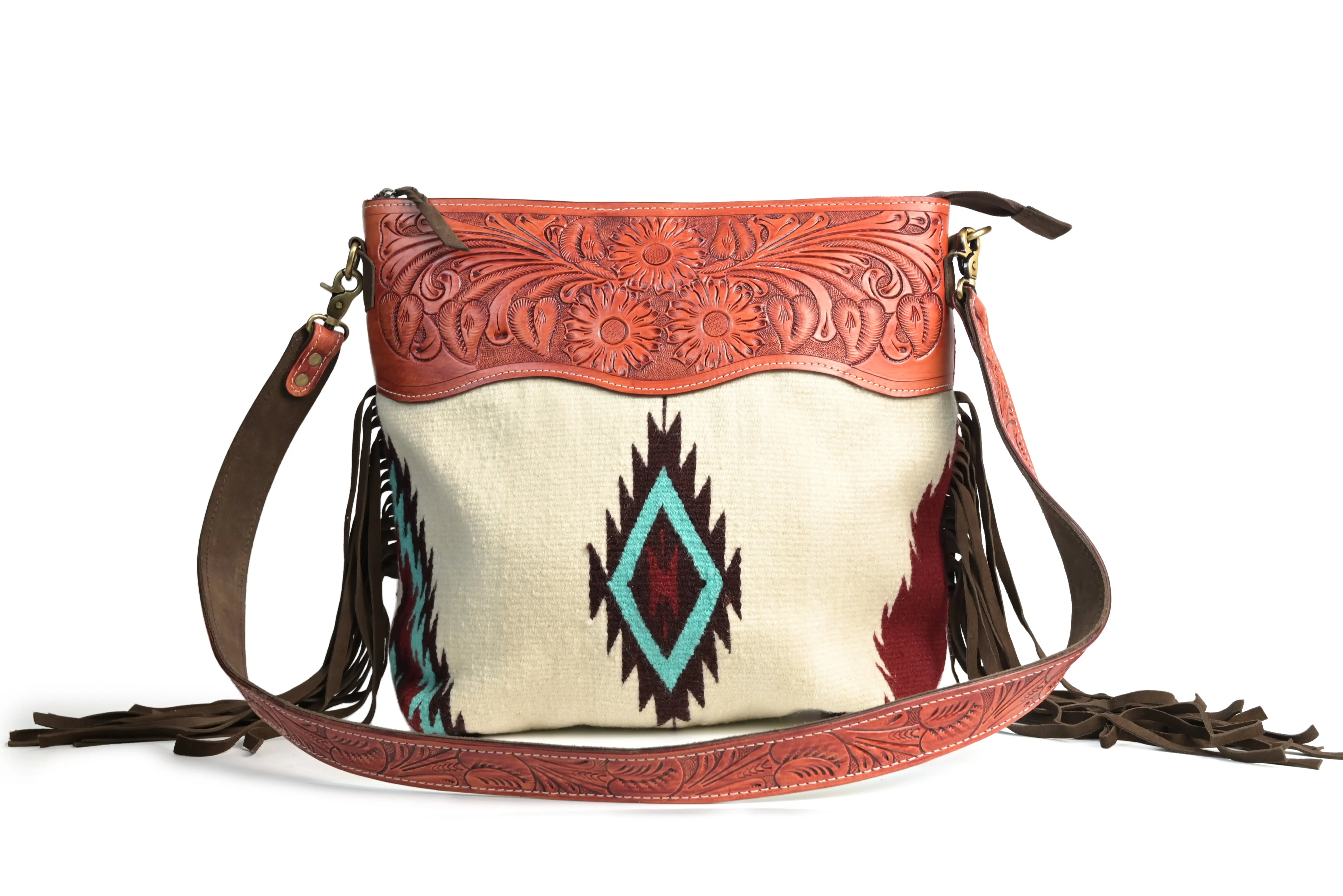 Western Hand Tooled Leather Saddle Blanket Crossbody Bag - abitoamerica