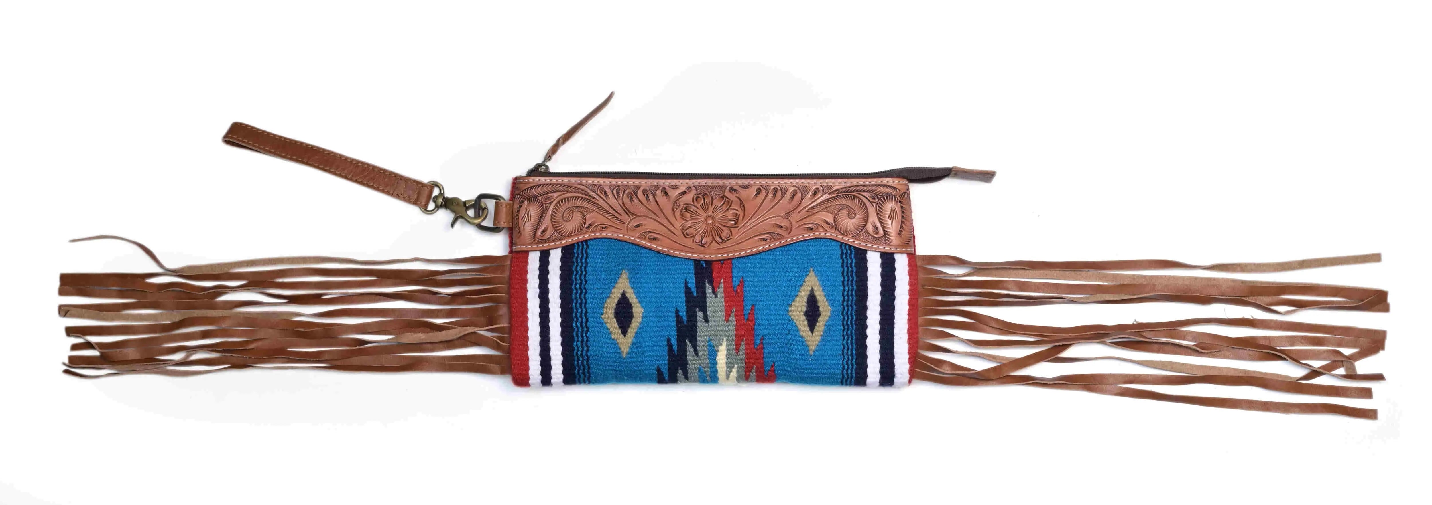 Western Saddle Blanket Hand Tooled Genuine Leather Clutch Wrist Bag - abitoamerica