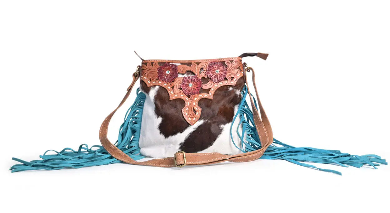 Western Hand Tooled Genuine Leather cowhide Crossbody bag - abitoamerica