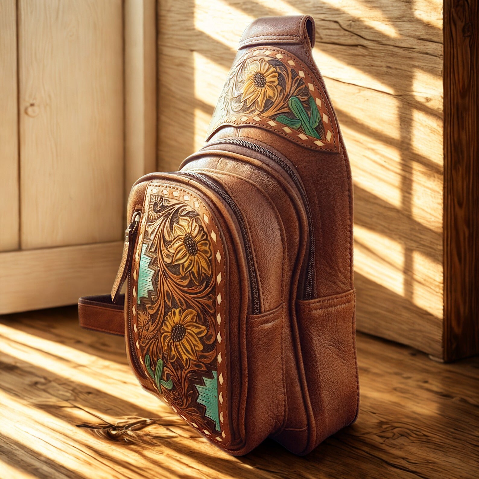 Yellow Floral Hand Tooled Leather Crossbody Bag, Womans Sling Bag, Sling Purse, Travel Sling Bag, Mini Crossbody Sling Bag , Western Leather Purse