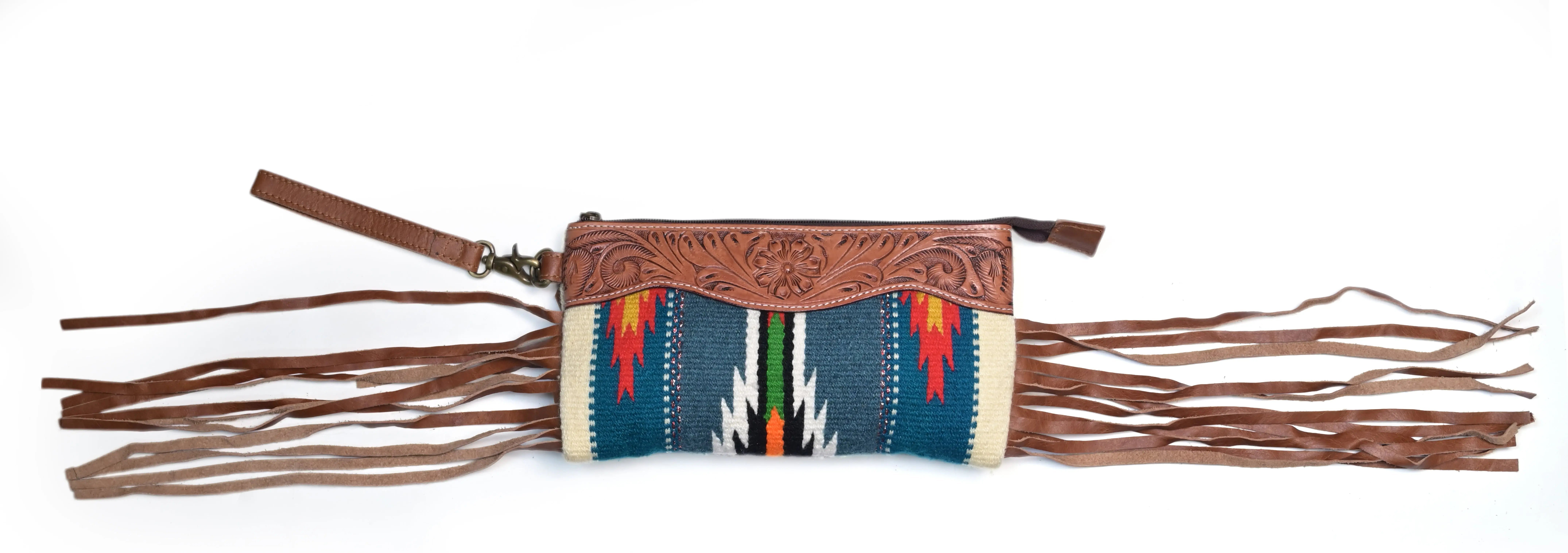 Western Saddle Blanket Hand Tooled Genuine Leather Clutch Wrist Bag - abitoamerica