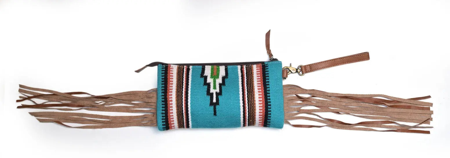 Western Saddle Blanket Hand Tooled Genuine Leather Clutch Wrist Bag - abitoamerica