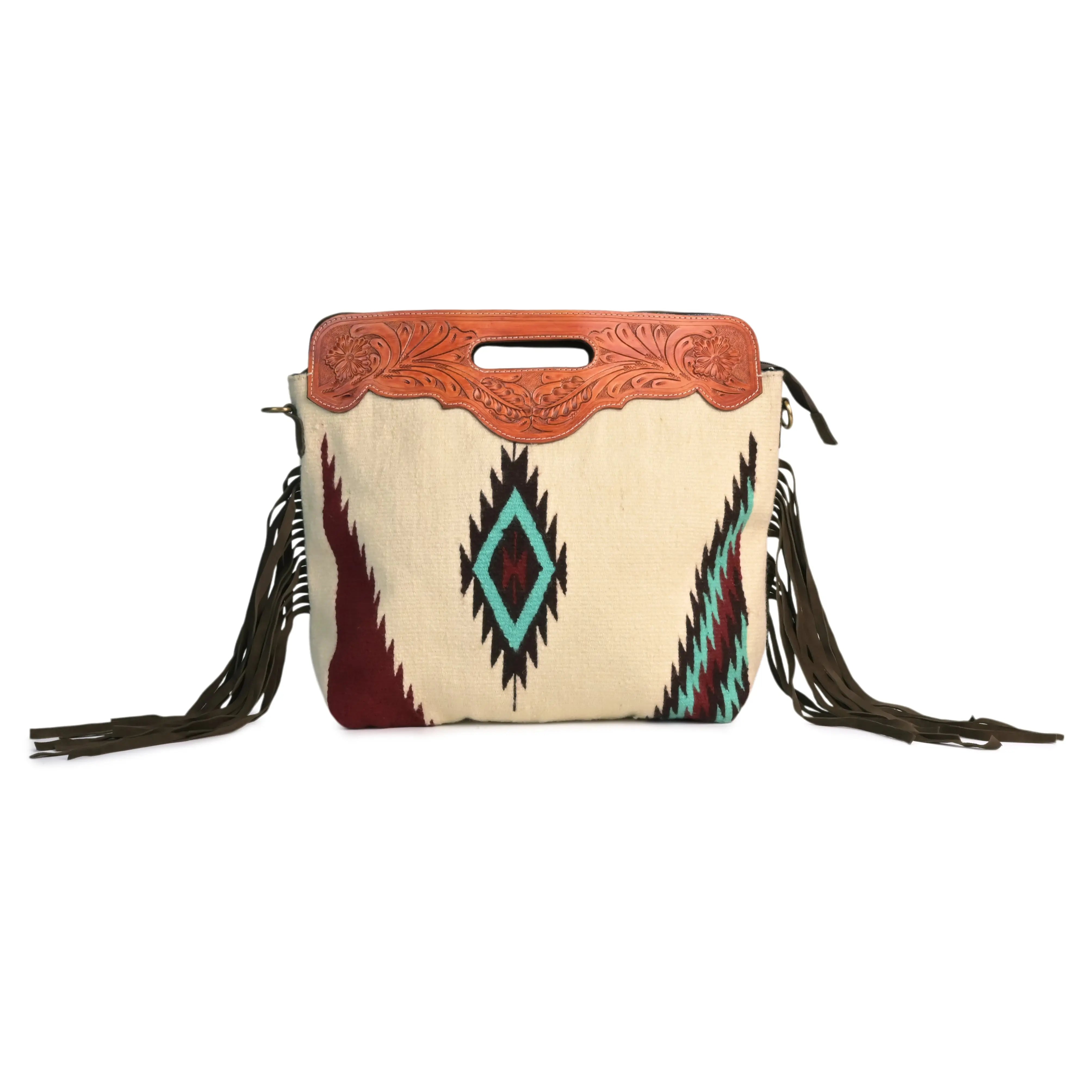 Western Saddle Blanket Hand Tooled Genuine Leather Crossbody Handbag - abitoamerica