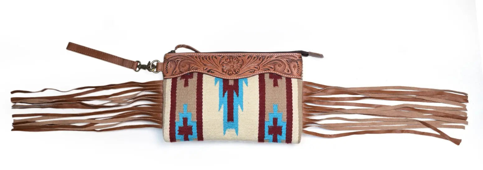Western Saddle Blanket Hand Tooled Genuine Leather Clutch Wrist Bag - abitoamerica