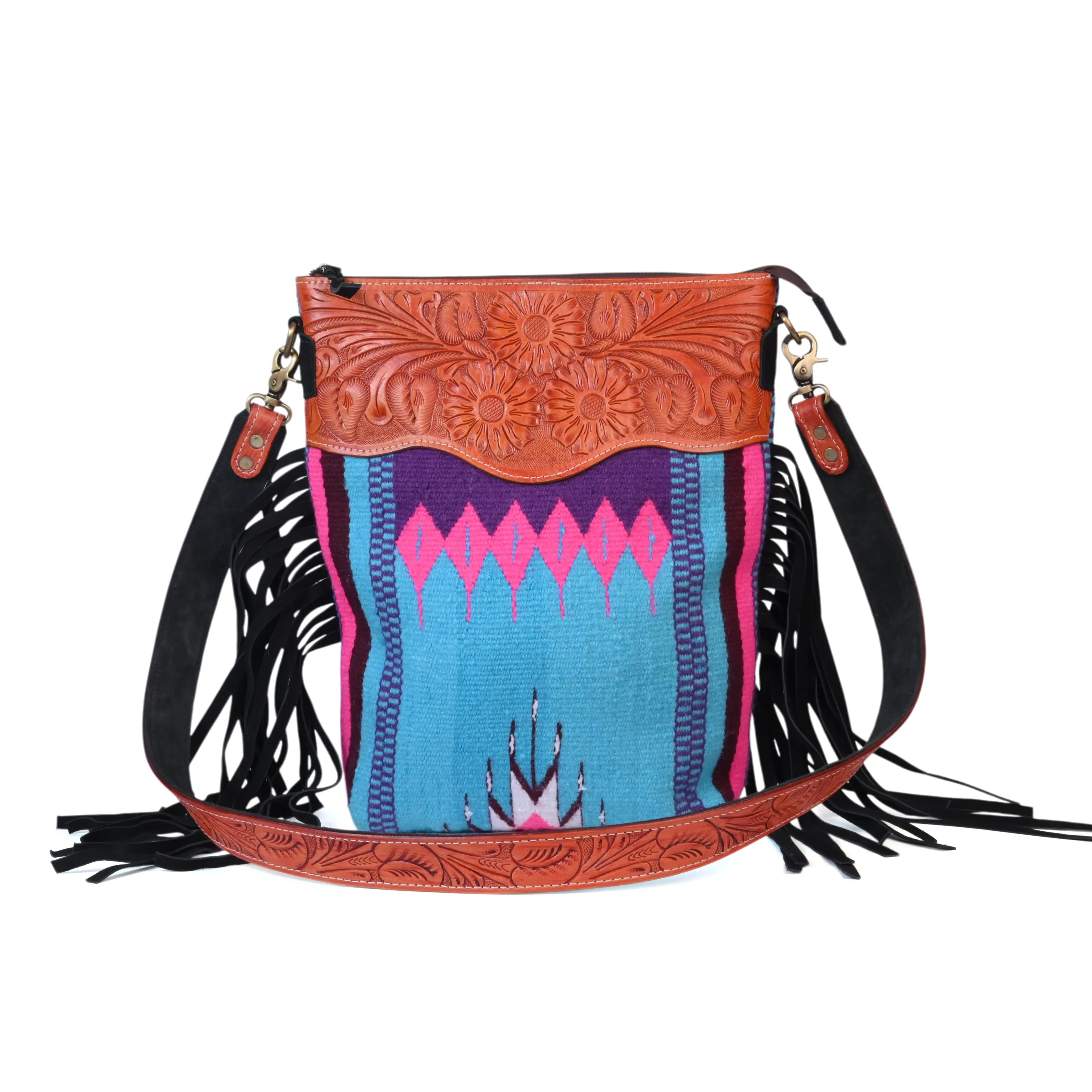 Western Saddle Blanket Hand Tooled Genuine Leather Crossbody Bag - abitoamerica