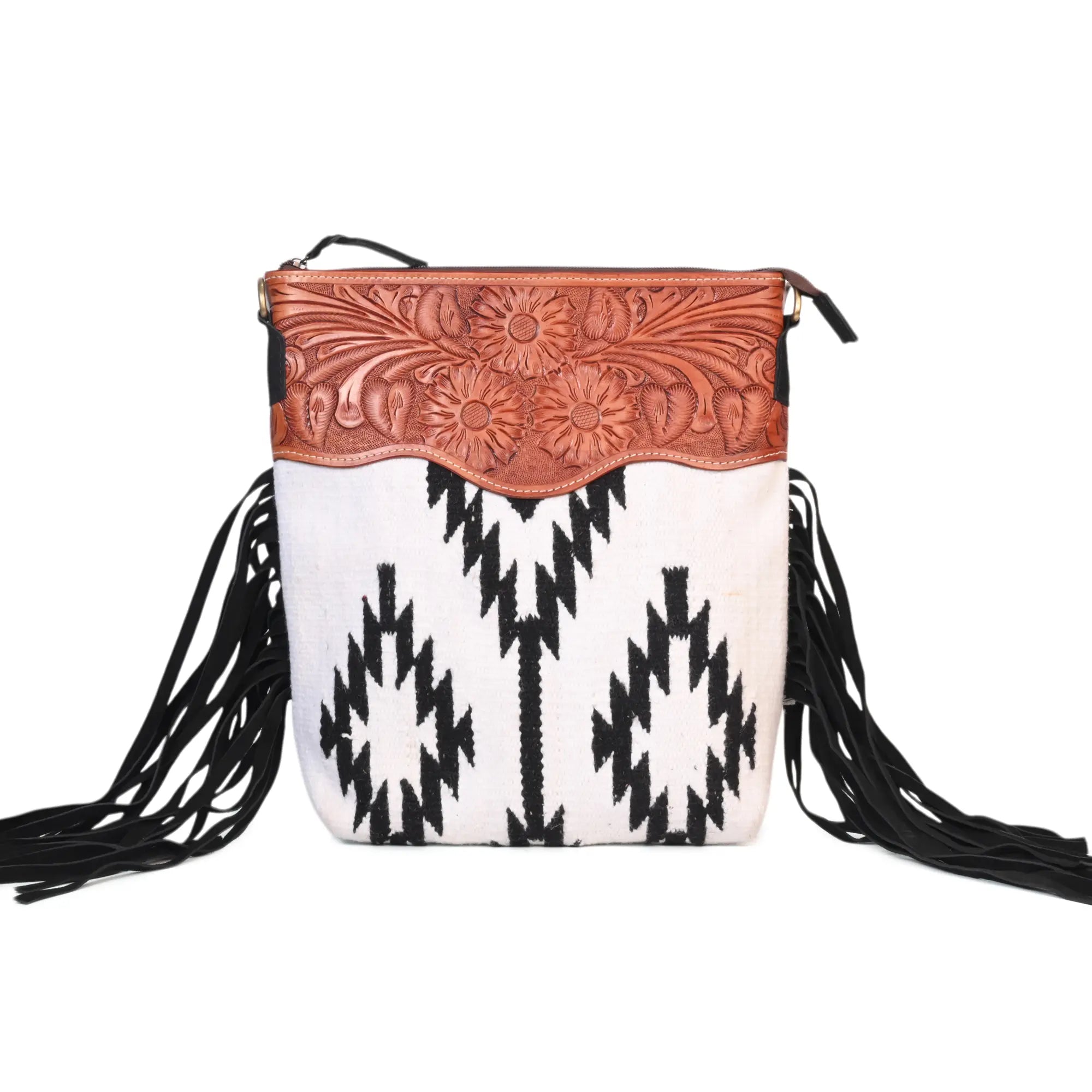 Western Saddle Blanket Hand Tooled Genuine Leather Signature Crossbody Bag - abitoamerica