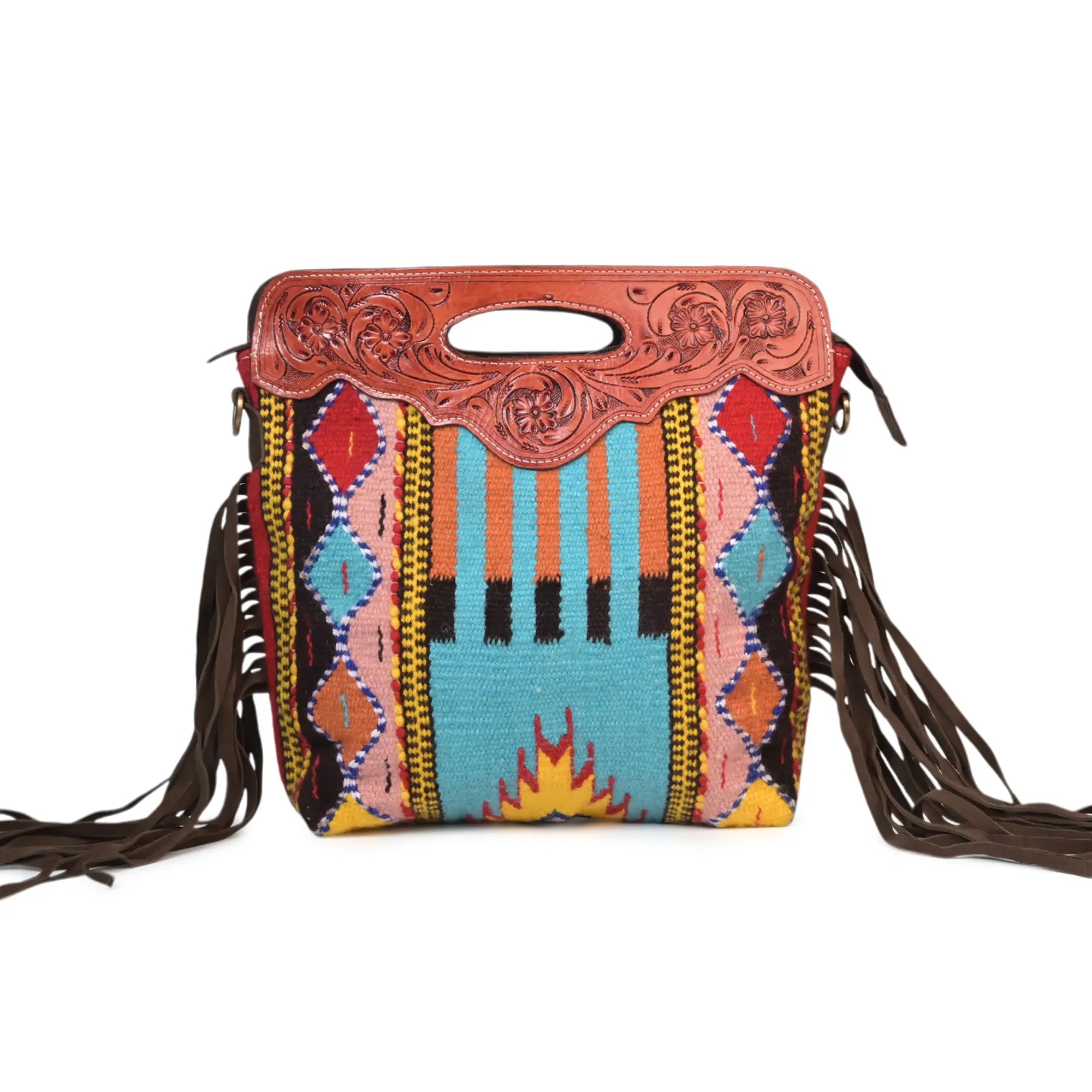 Western Saddle Blanket Hand Tooled Genuine Leather Crossbody Handbag - abitoamerica