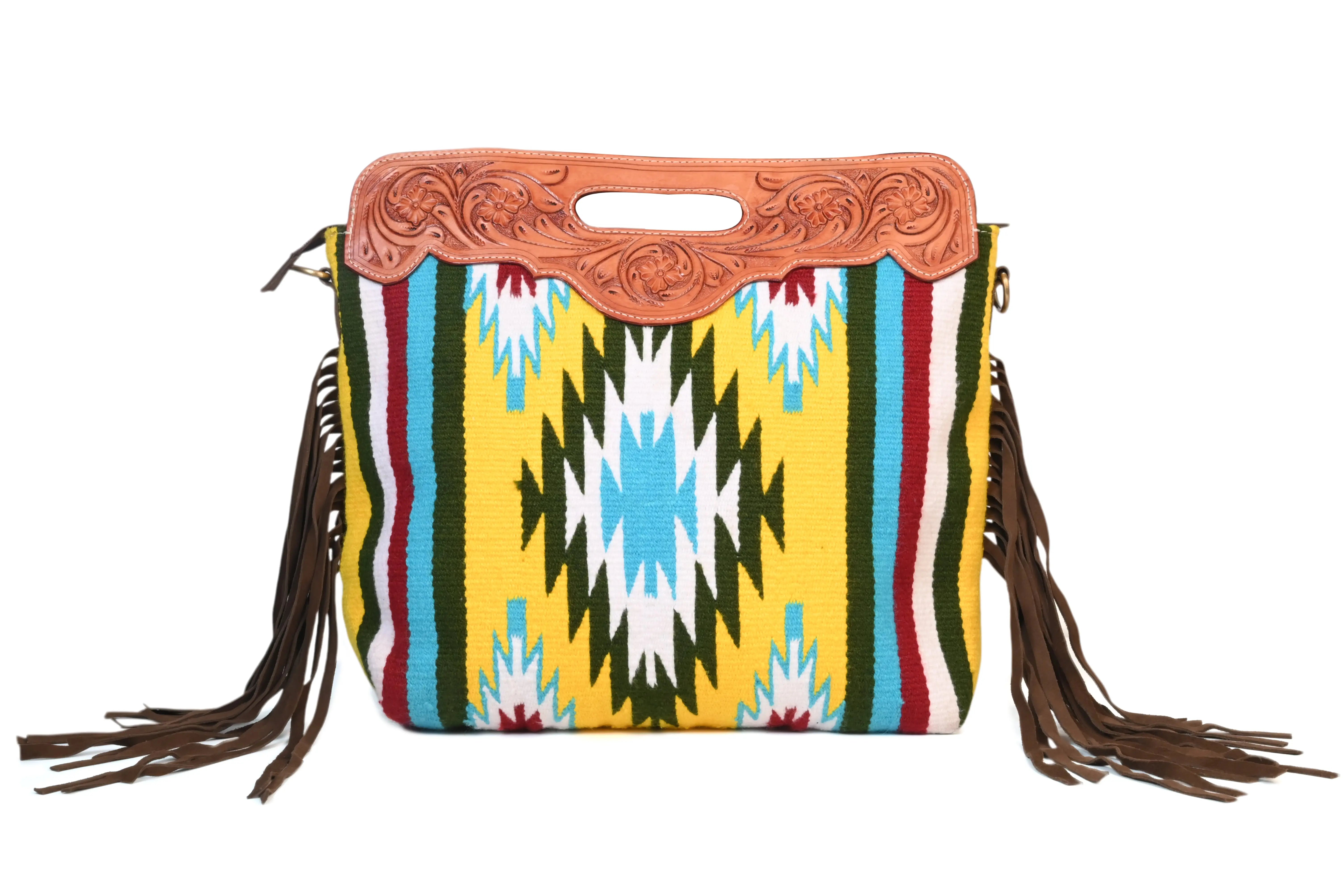 Western Saddle Blanket Hand Tooled Genuine Leather Crossbody Handbag - abitoamerica