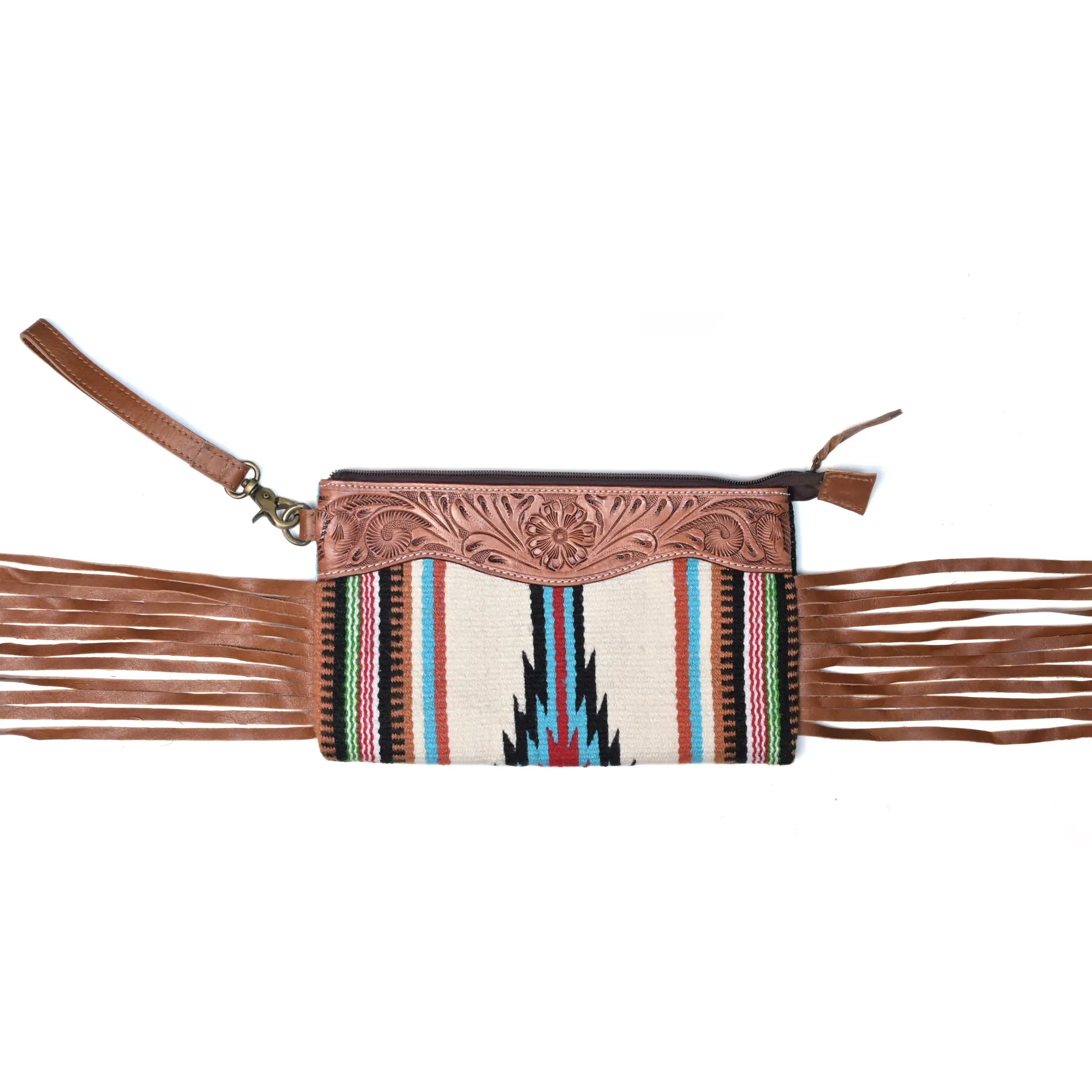 Western Saddle Blanket Hand Tooled Genuine Leather Clutch Wrist Bag - abitoamerica