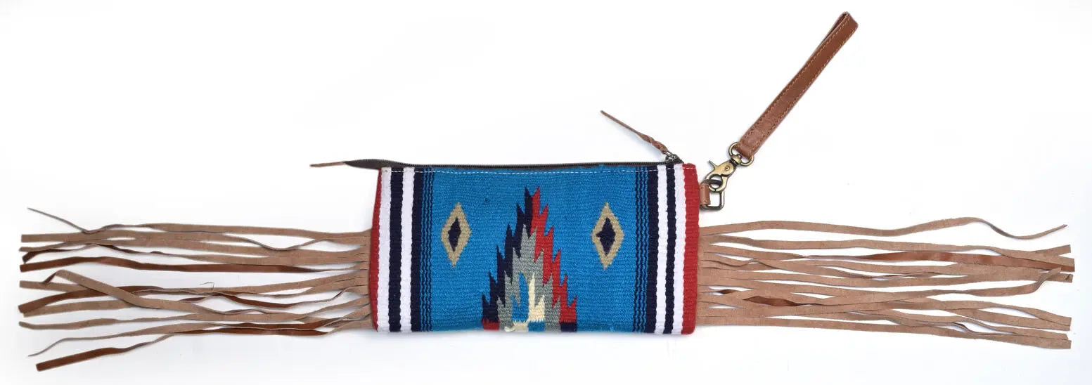 Western Saddle Blanket Hand Tooled Genuine Leather Clutch Wrist Bag - abitoamerica