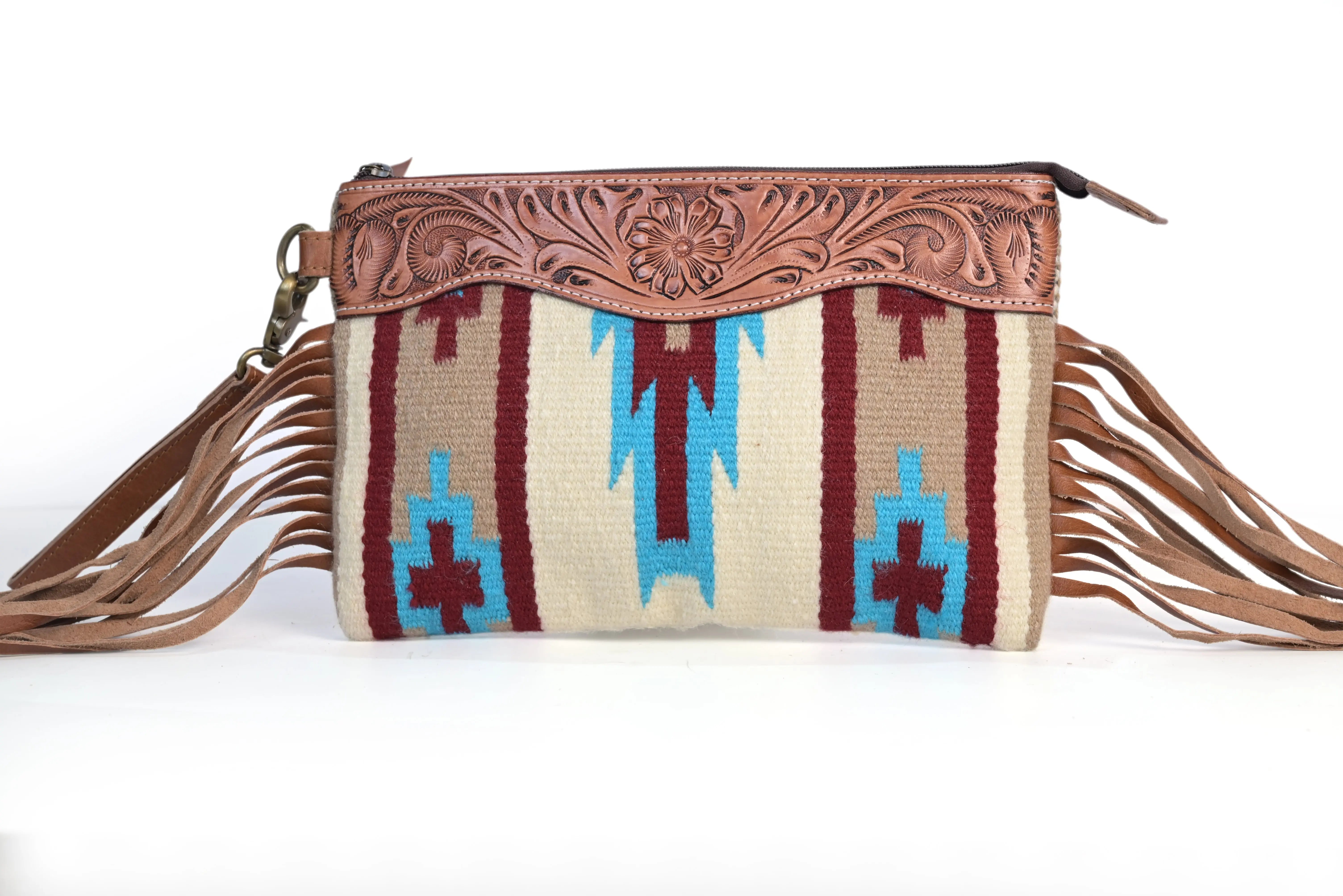 Western Saddle Blanket Hand Tooled Genuine Leather Clutch Wrist Bag - abitoamerica