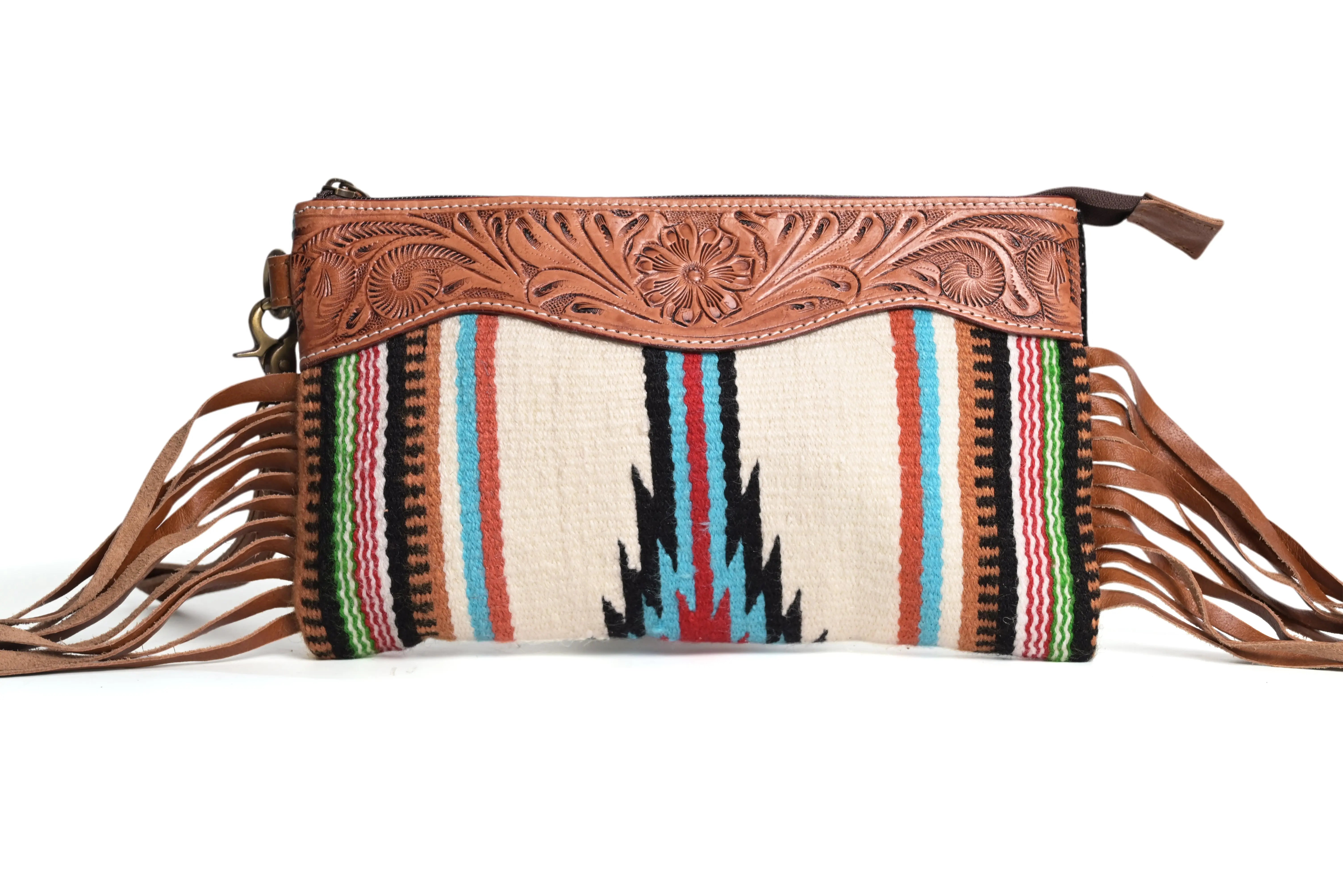 Western Saddle Blanket Hand Tooled Genuine Leather Clutch Wrist Bag - abitoamerica