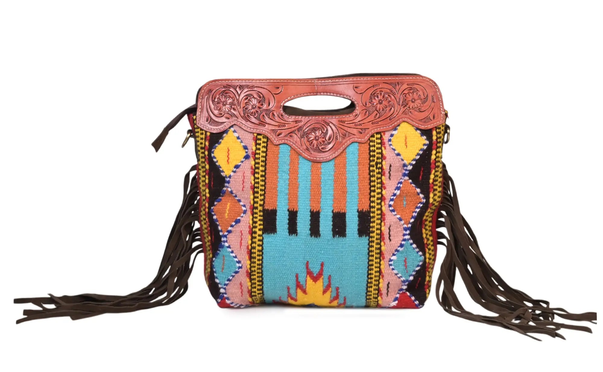 Western Saddle Blanket Hand Tooled Genuine Leather Crossbody Handbag - abitoamerica