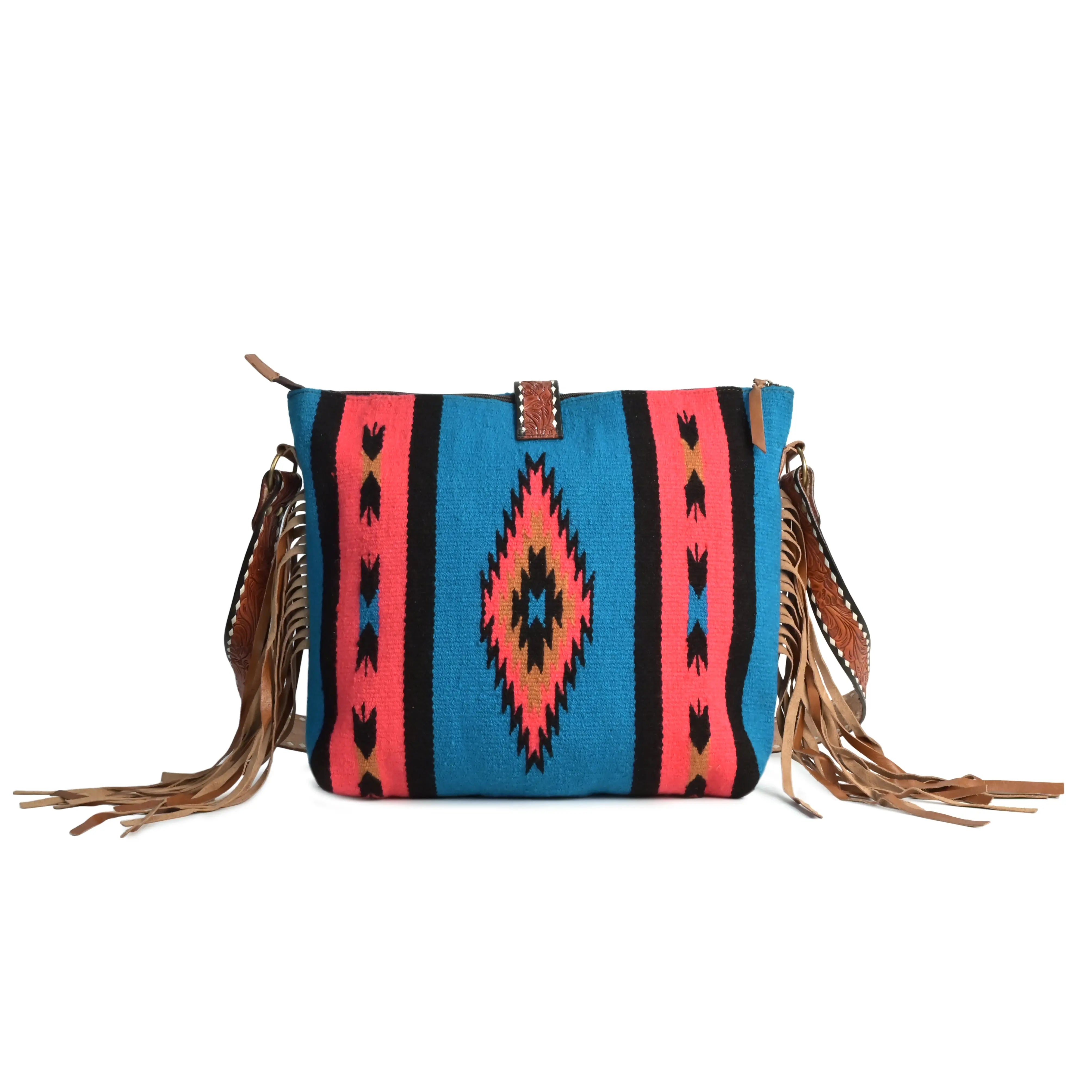Western Saddle Blanket Hand Tooled Leather Crossbody Bag - abitoamerica