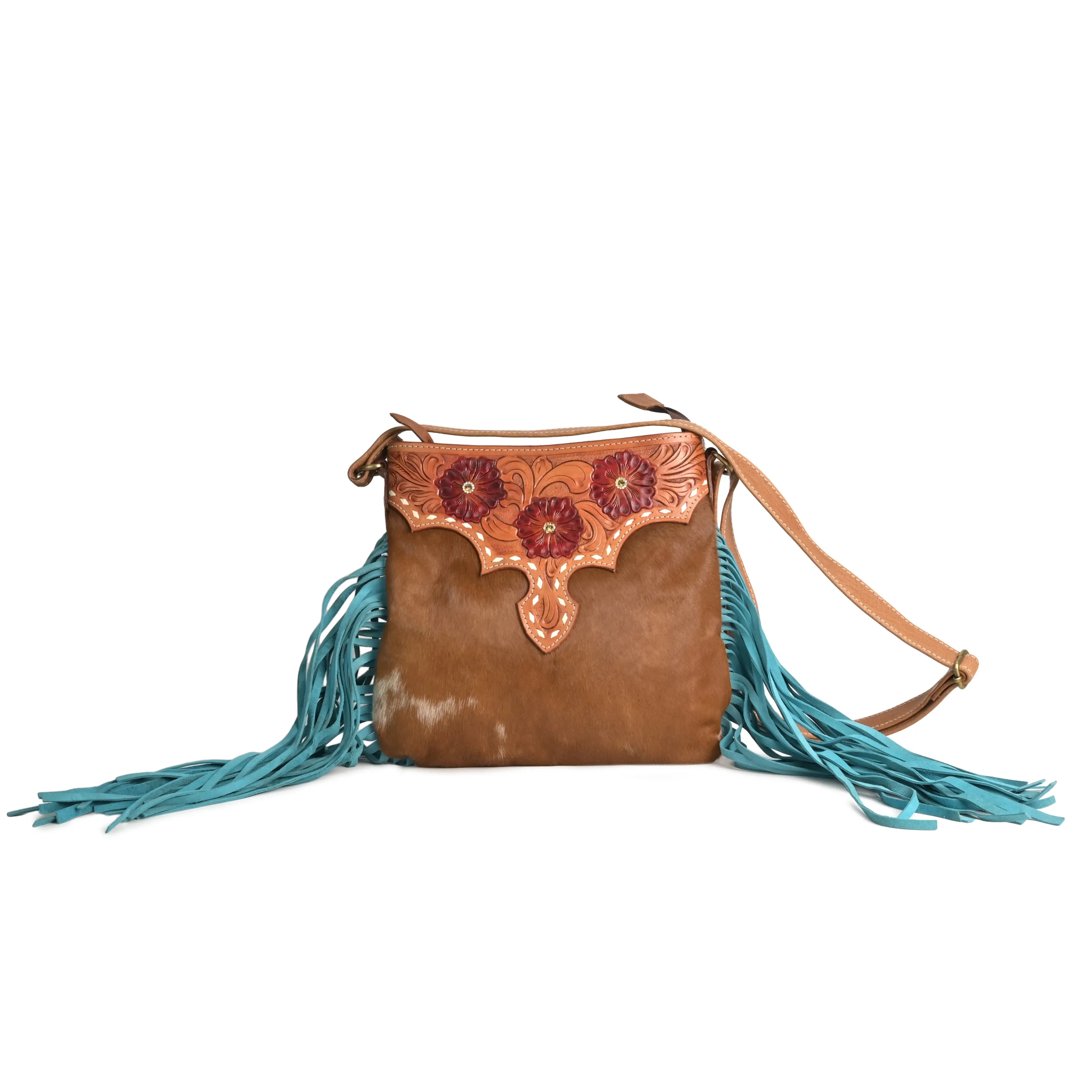 Western Hand Tooled Genuine Leather Cowhide Crossbody Bag - abitoamerica