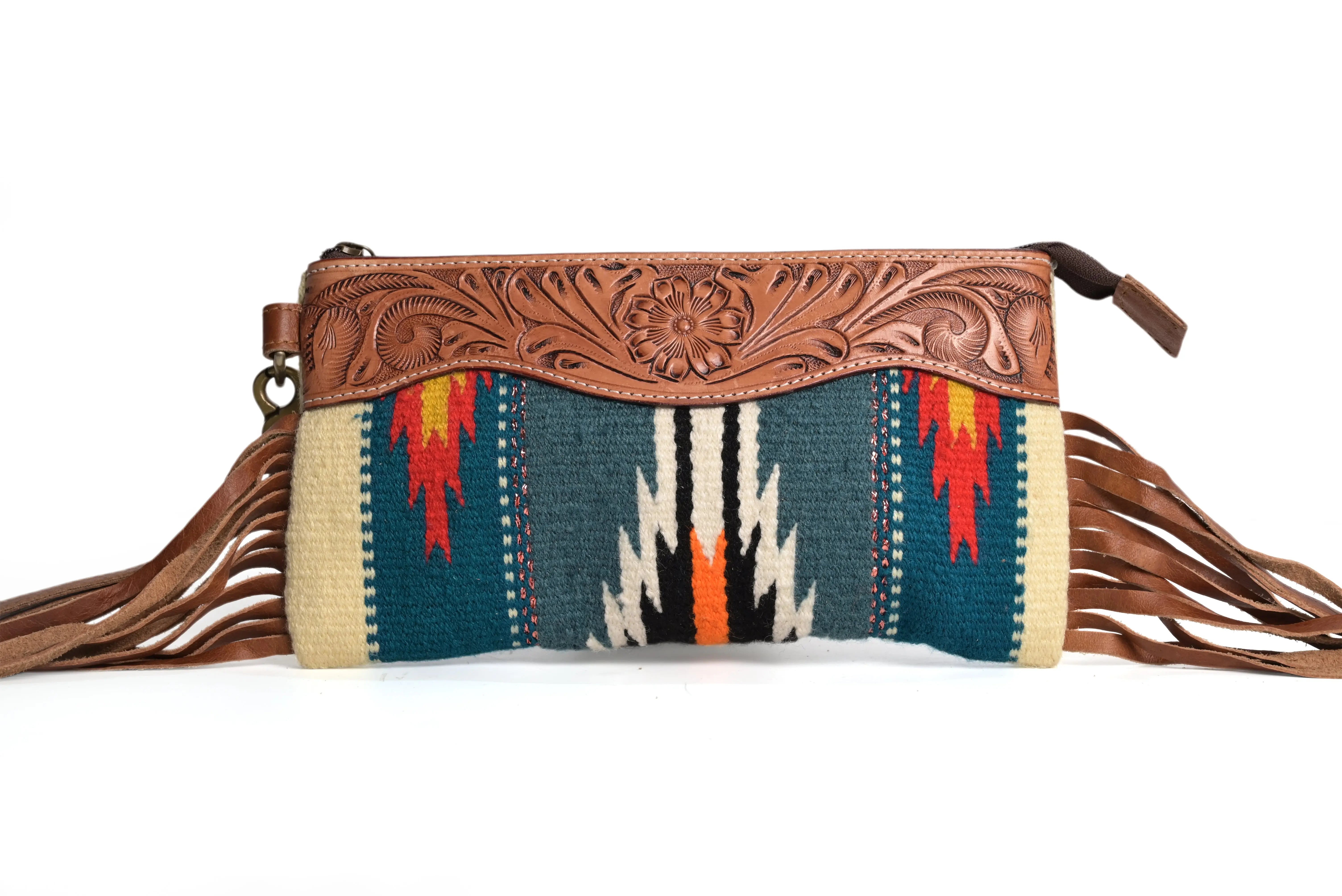 Western Saddle Blanket Hand Tooled Genuine Leather Clutch Wrist Bag - abitoamerica