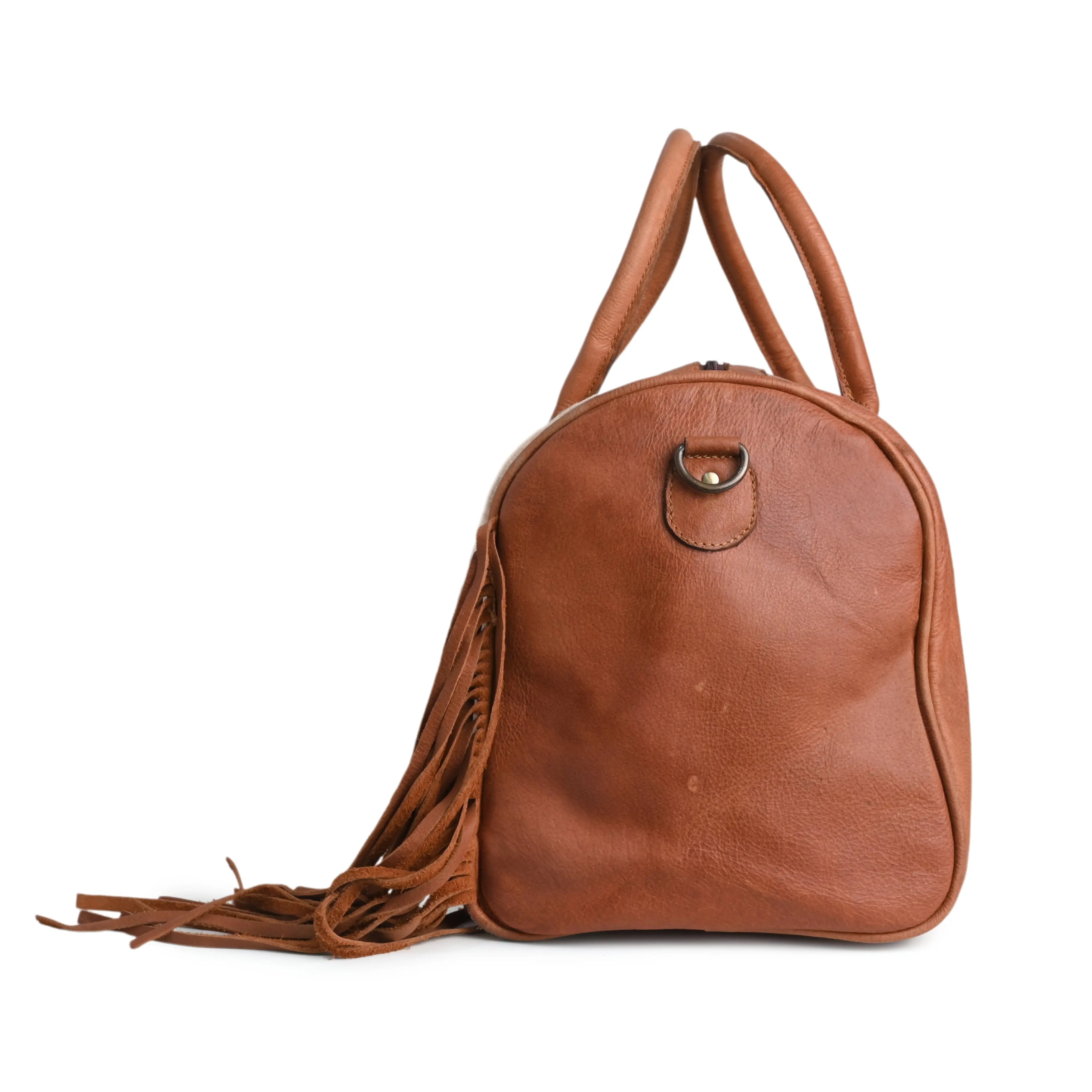 Western Tooled Leather Duffel Bag with Fringe - abitoamerica