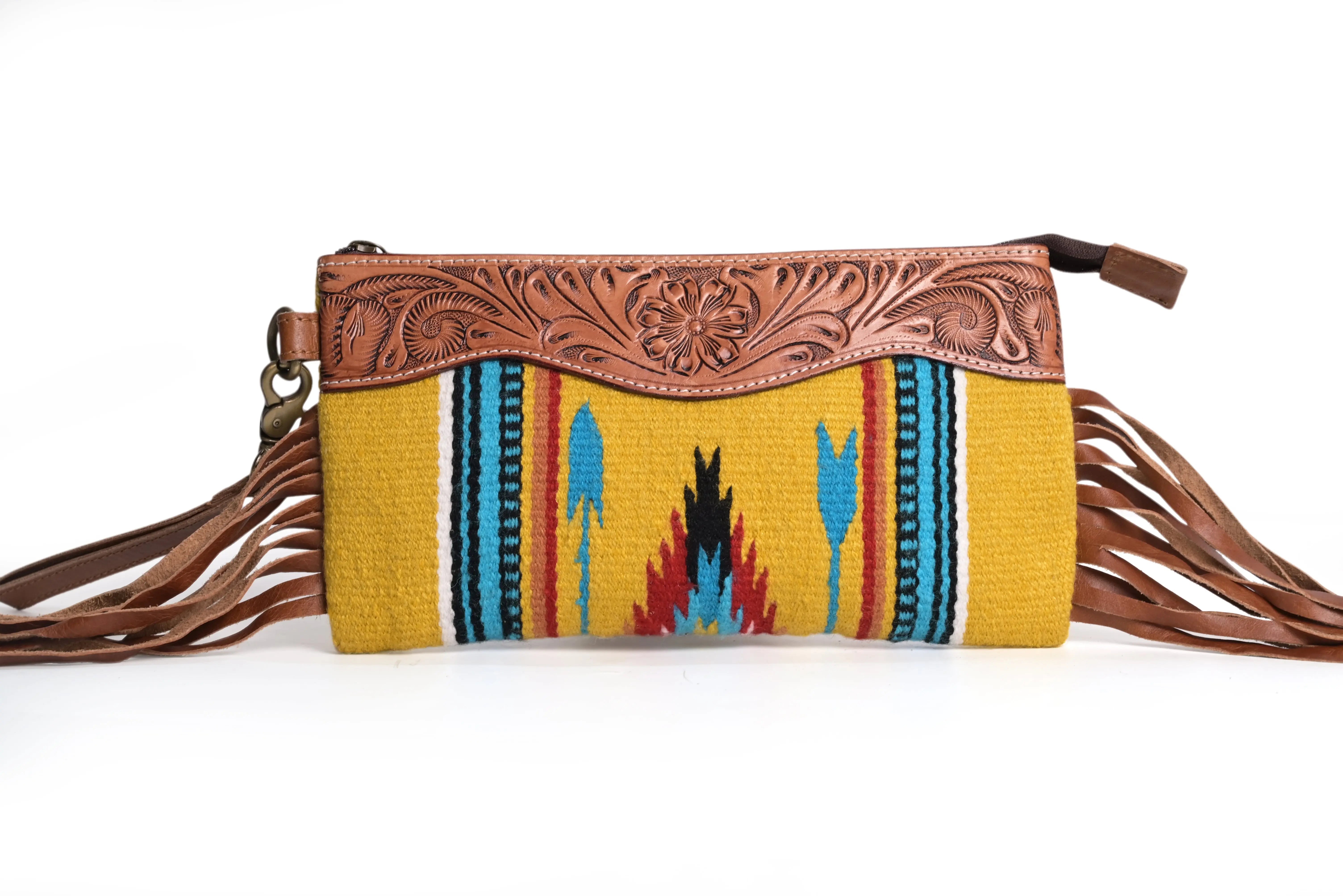 Western Saddle Blanket Hand Tooled Genuine Leather Clutch Wrist Bag - abitoamerica