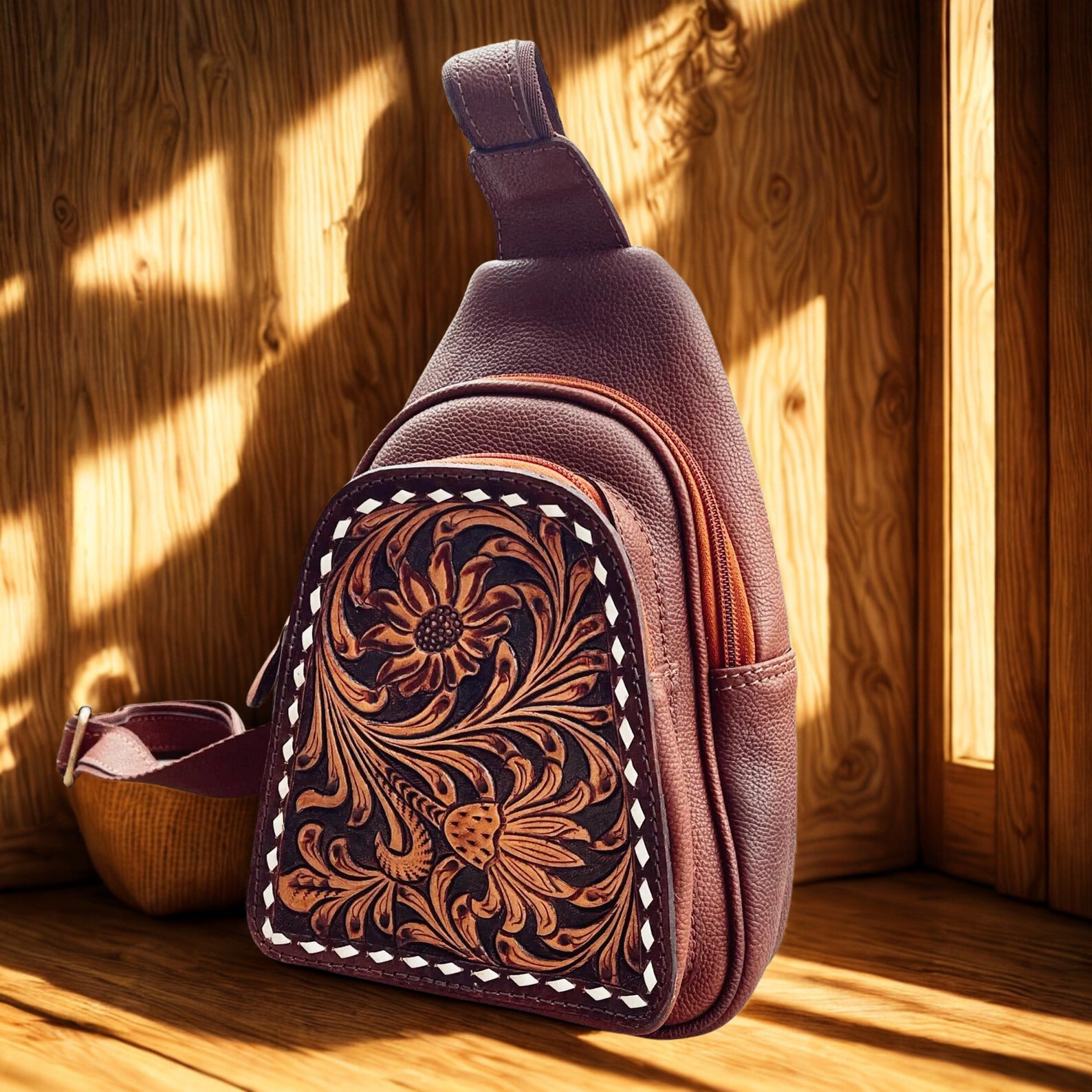 Hand Tooled Leather Crossbody Bag, Womans Sling Bag, Sling Purse, Travel Sling Bag, Mini Crossbody Sling Bag , Western Leather Purse