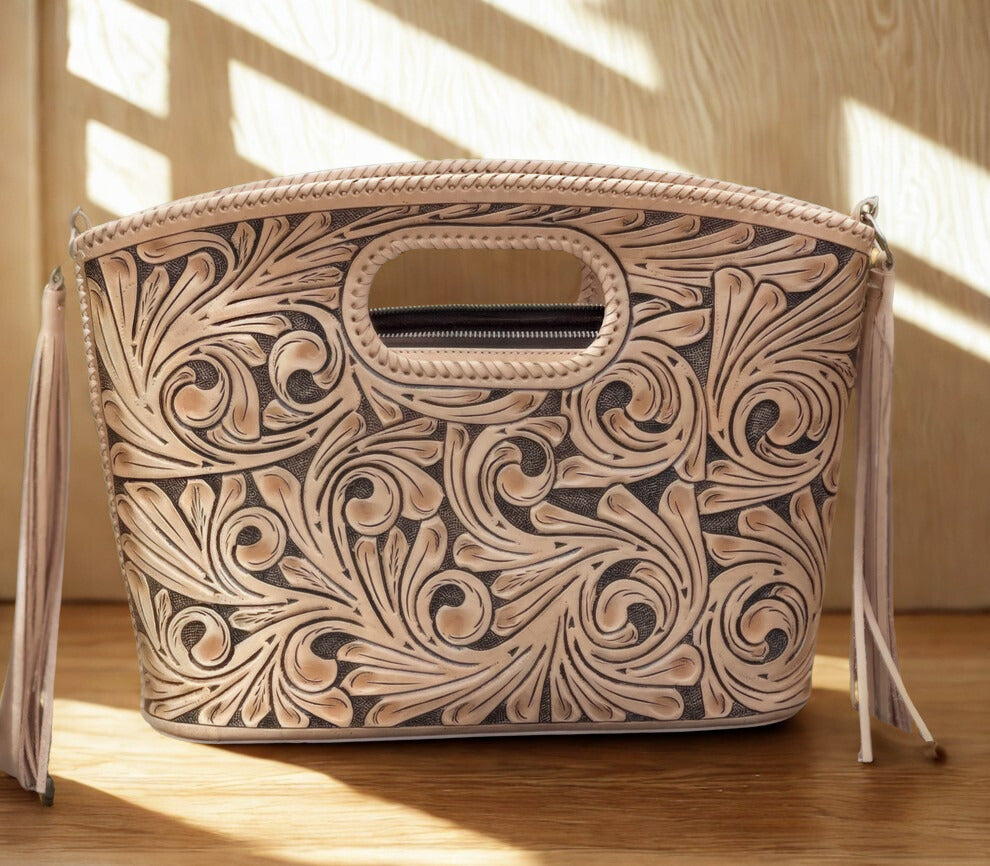 Hand Tooled Leather Tote, Western tooled Leather Crossbody with Fringe, Argentine Harness Leather Handbag