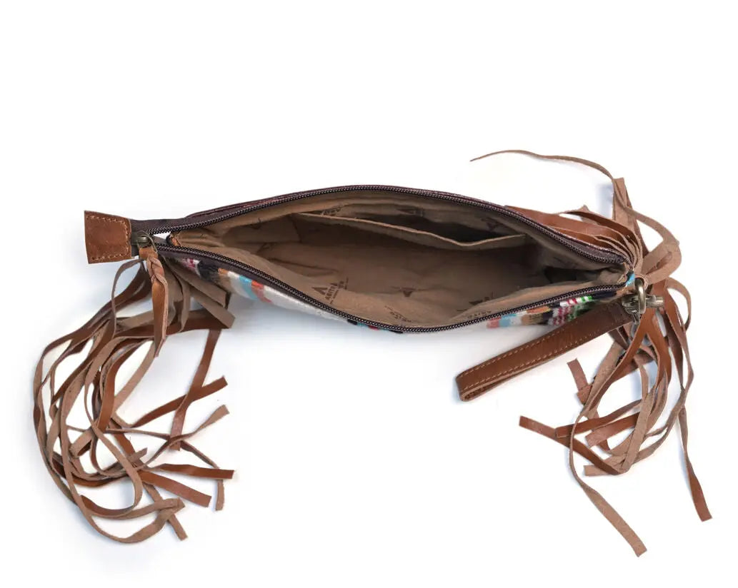 Western Saddle Blanket Hand Tooled Genuine Leather Clutch Wrist Bag - abitoamerica