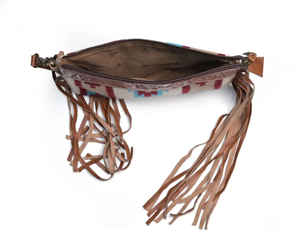 Western Saddle Blanket Hand Tooled Genuine Leather Clutch Wrist Bag - abitoamerica