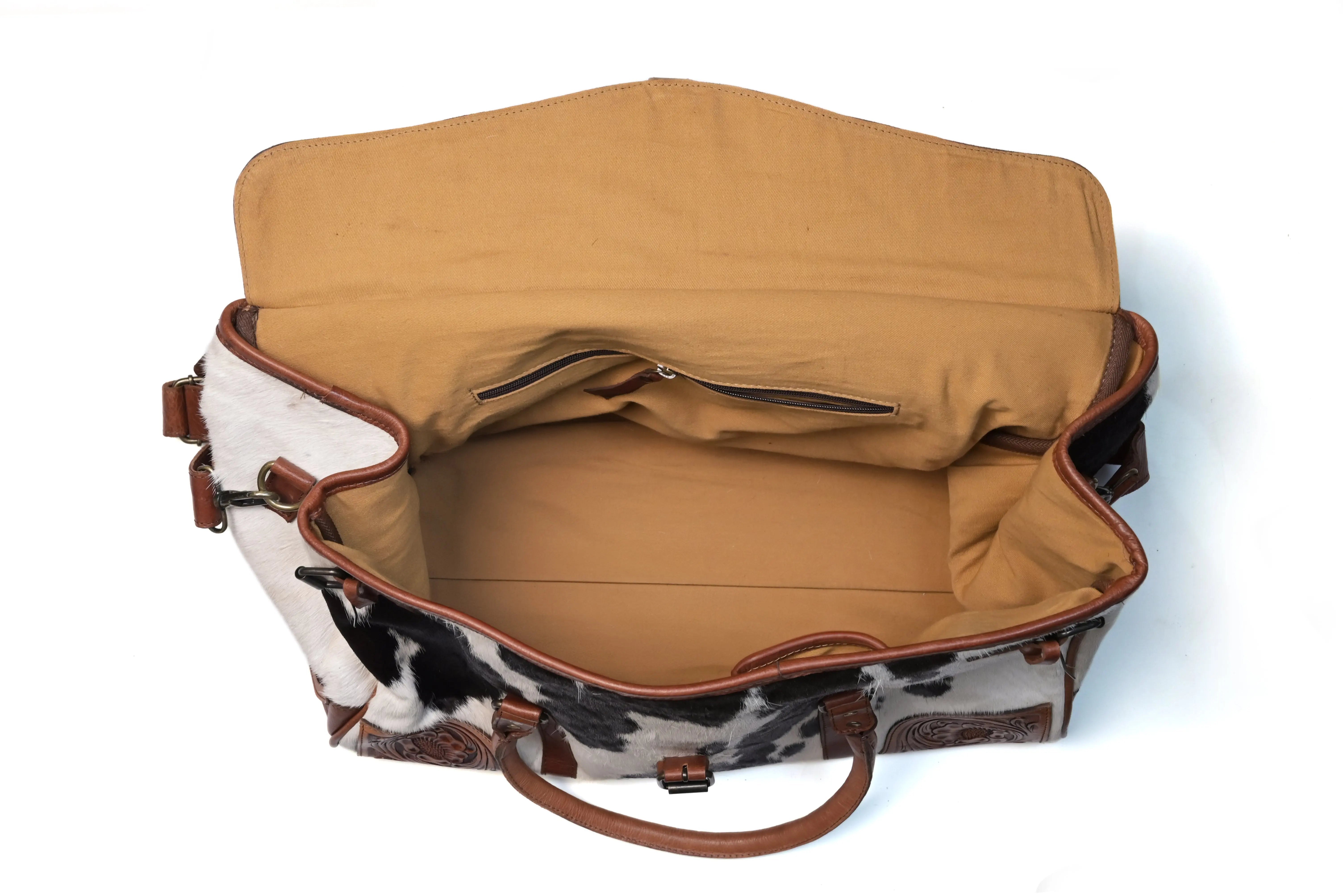 Western Cowhide hand tooled Leather Weekender Duffel Bag - abitoamerica