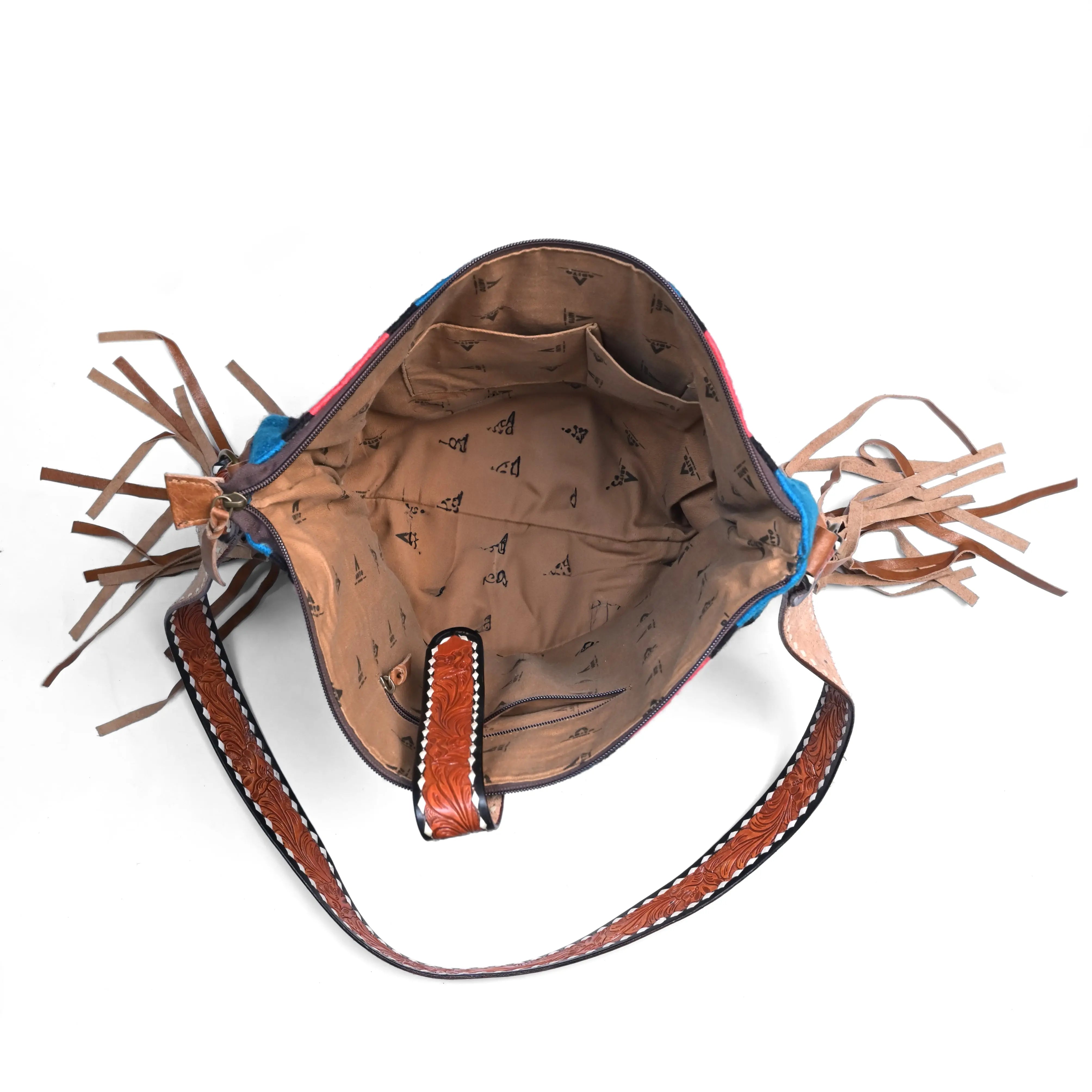 Western Saddle Blanket Hand Tooled Leather Crossbody Bag - abitoamerica