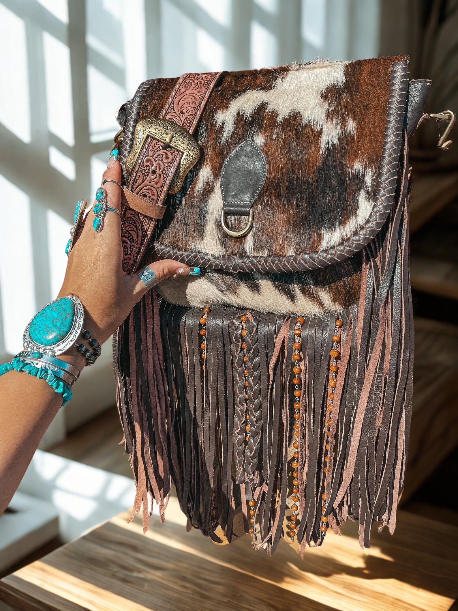 Cowhide Fringe Leather Western Purse : Crossbody Handbag