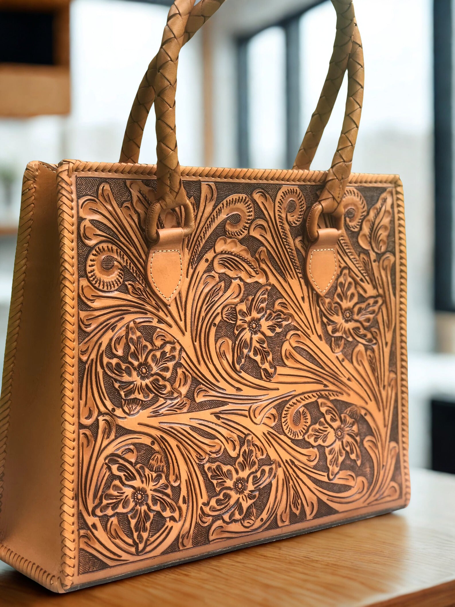 Hand-Tooled Leather Tote Bag – Western Floral Purse, Barcelona Leather Tote, Artisan Handmade Large Shoulder Bag, Boho Cowgirl Rodeo Handbag