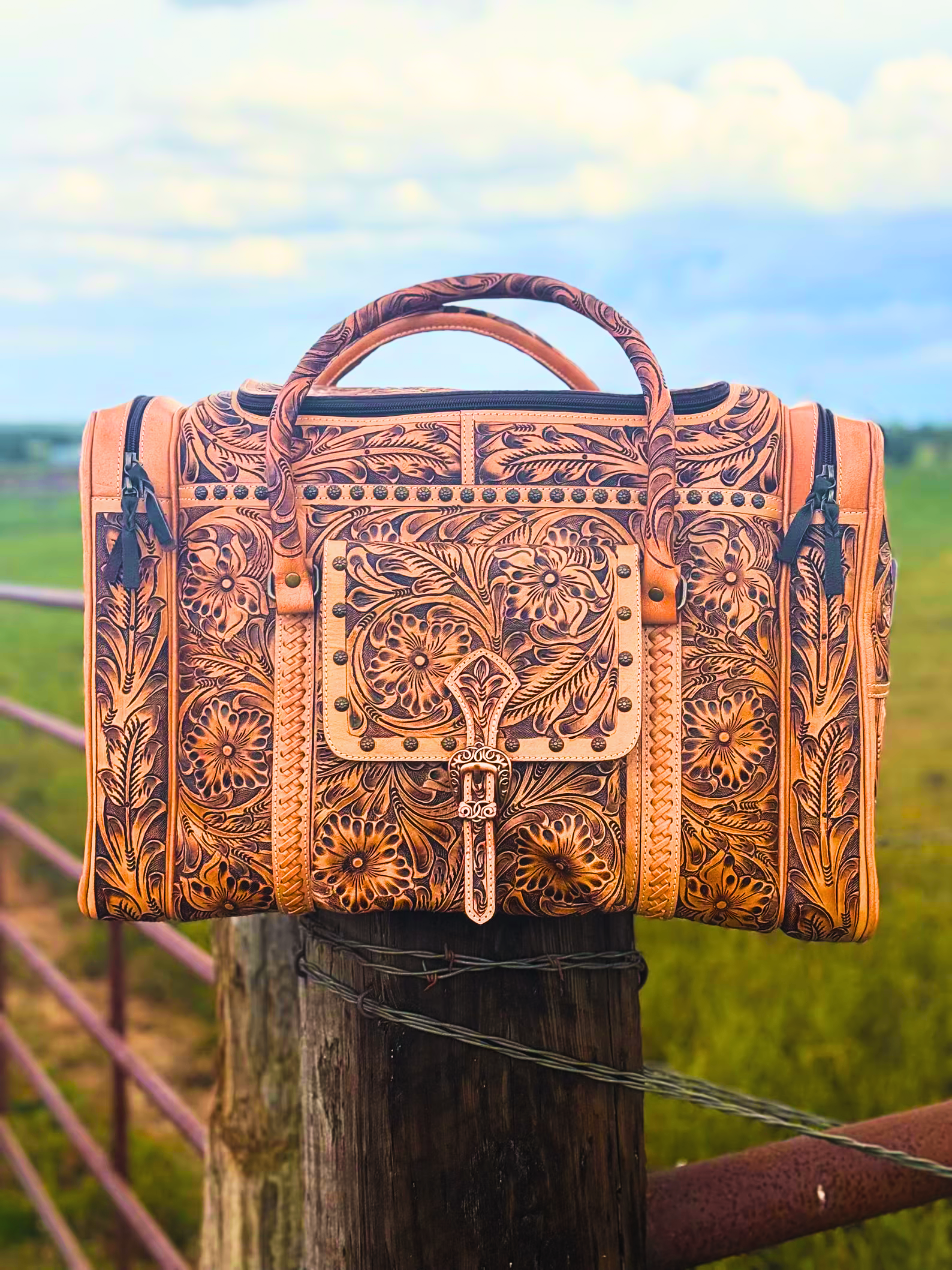 Barcelona Tooled Leather Duffel Bag : Natural Leather Western Handbags