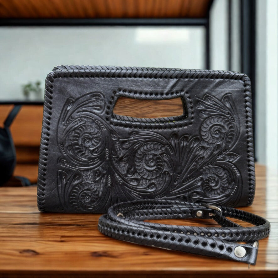 Hand-Tooled Leather Large Clutch & Crossbody