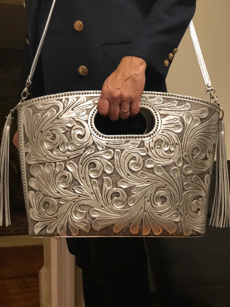 Hand Tooled Leather Tote, Western tooled Leather Crossbody with Fringe, Argentine Harness Leather Handbag