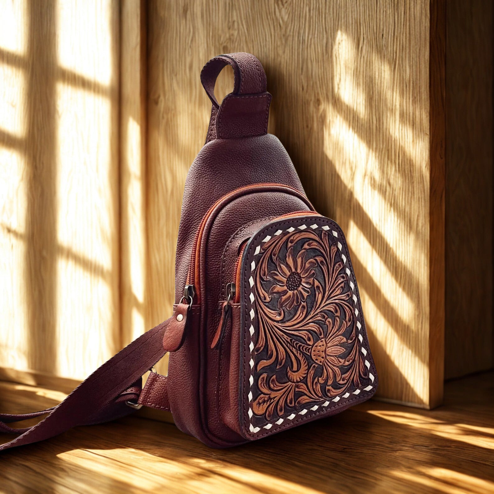 Hand Tooled Leather Crossbody Bag, Womans Sling Bag, Sling Purse, Travel Sling Bag, Mini Crossbody Sling Bag , Western Leather Purse